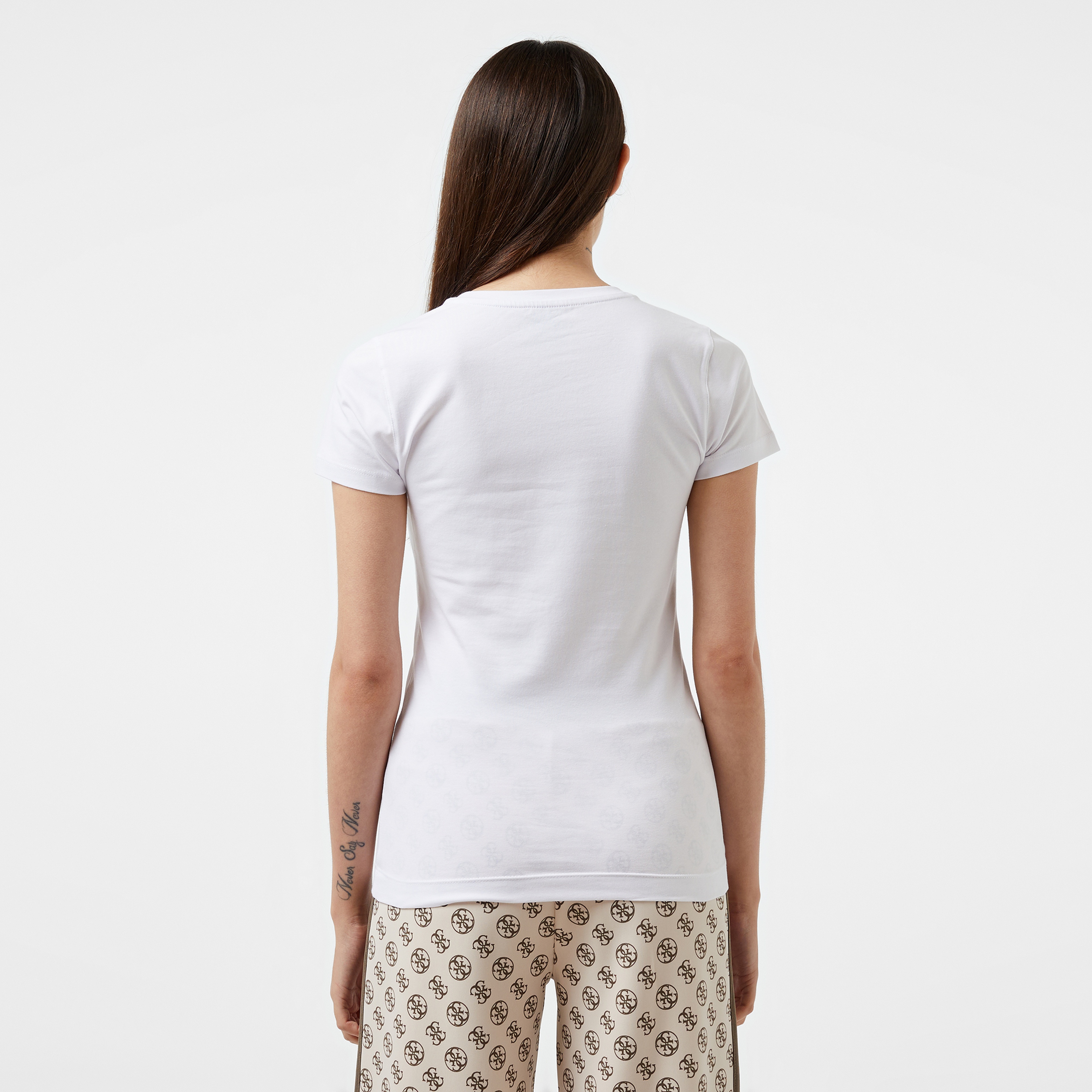 Guess Rn 4Logo Mid Organic Stretch Jersey 180 Kadın Beyaz T-Shirt