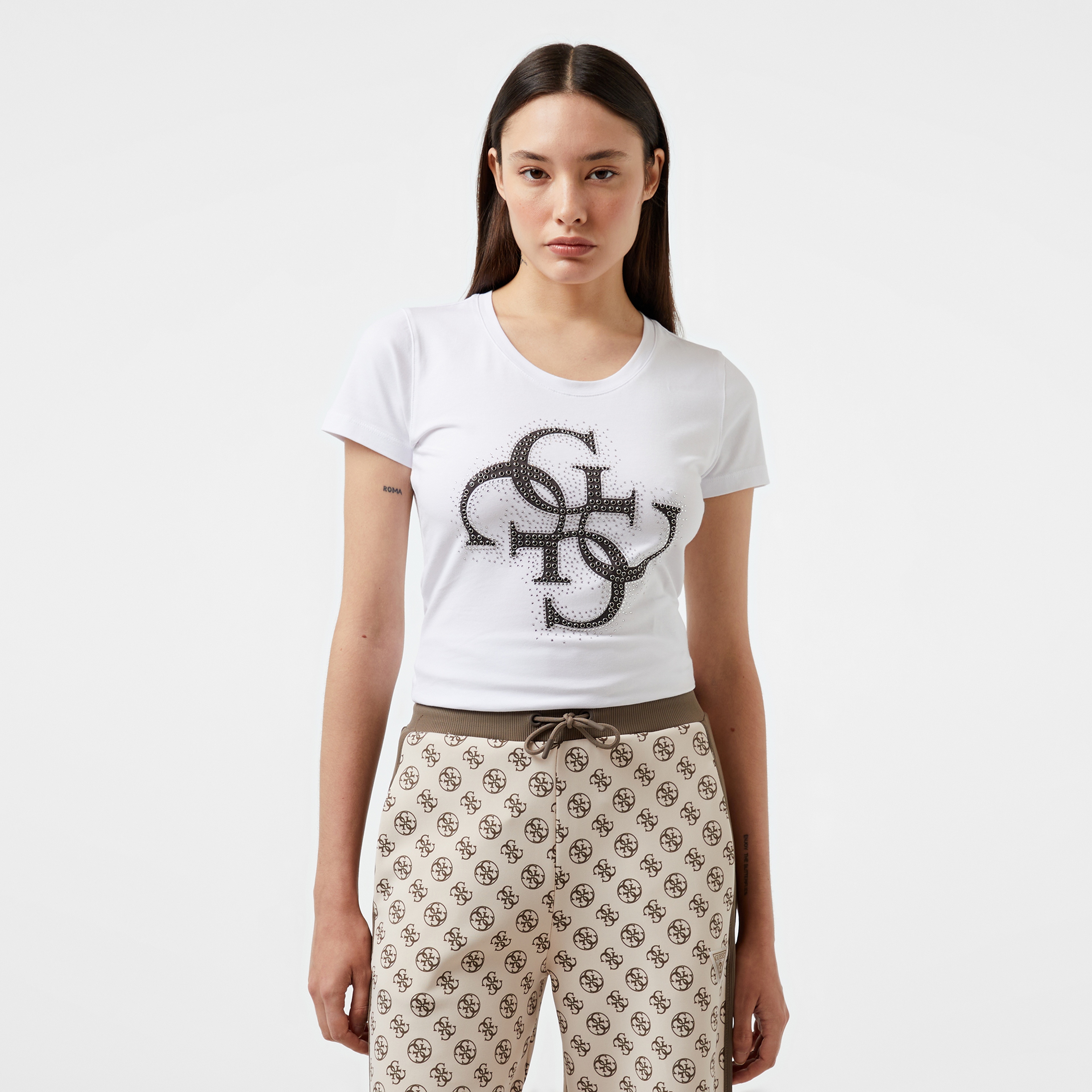 Guess Rn 4Logo Mid Organic Stretch Jersey 180 Kadın Beyaz T-Shirt