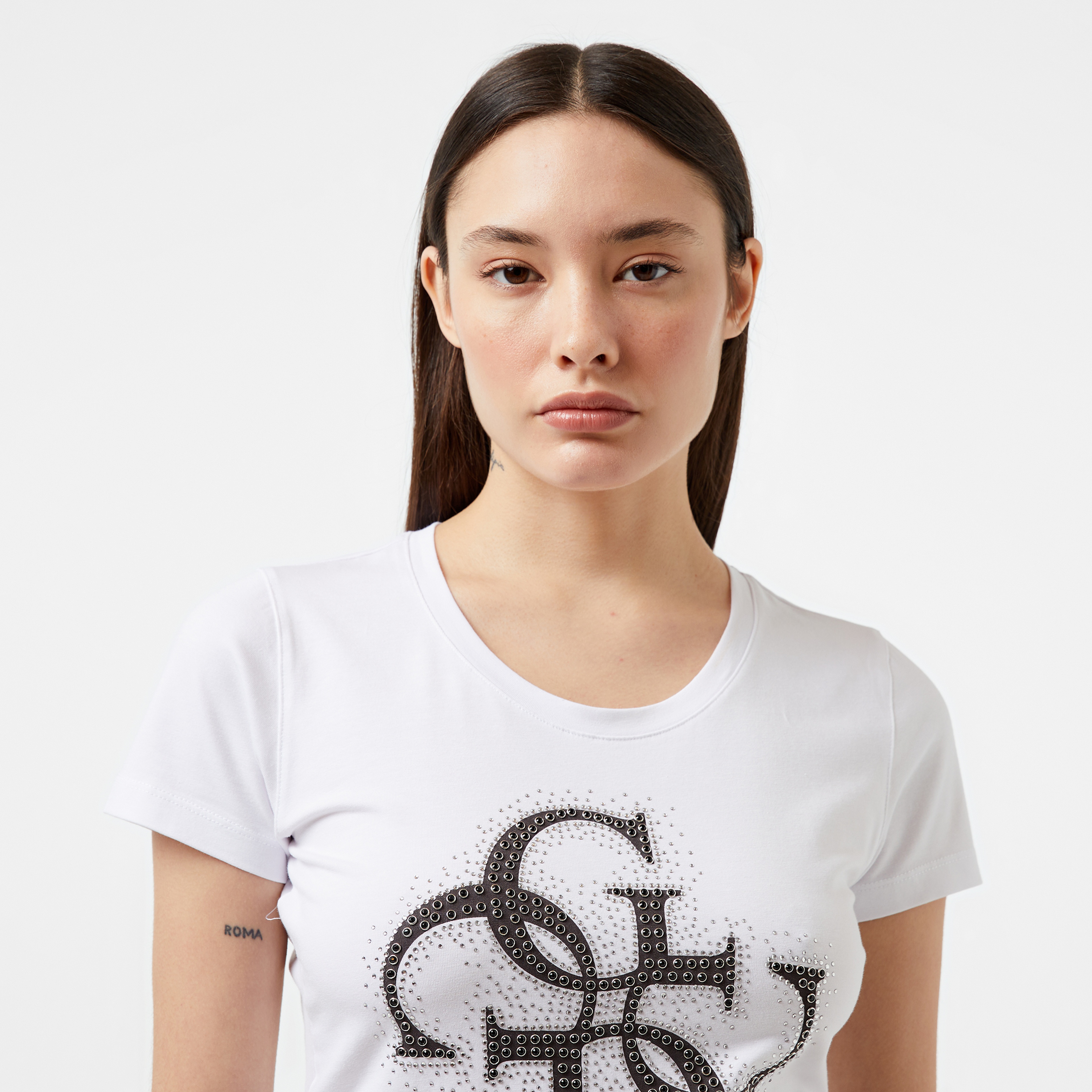 Guess Rn 4Logo Mid Organic Stretch Jersey 180 Kadın Beyaz T-Shirt