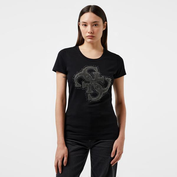 Guess Rn 4Logo Mid Organic Stretch Jersey 180 Kadın Siyah T-Shirt