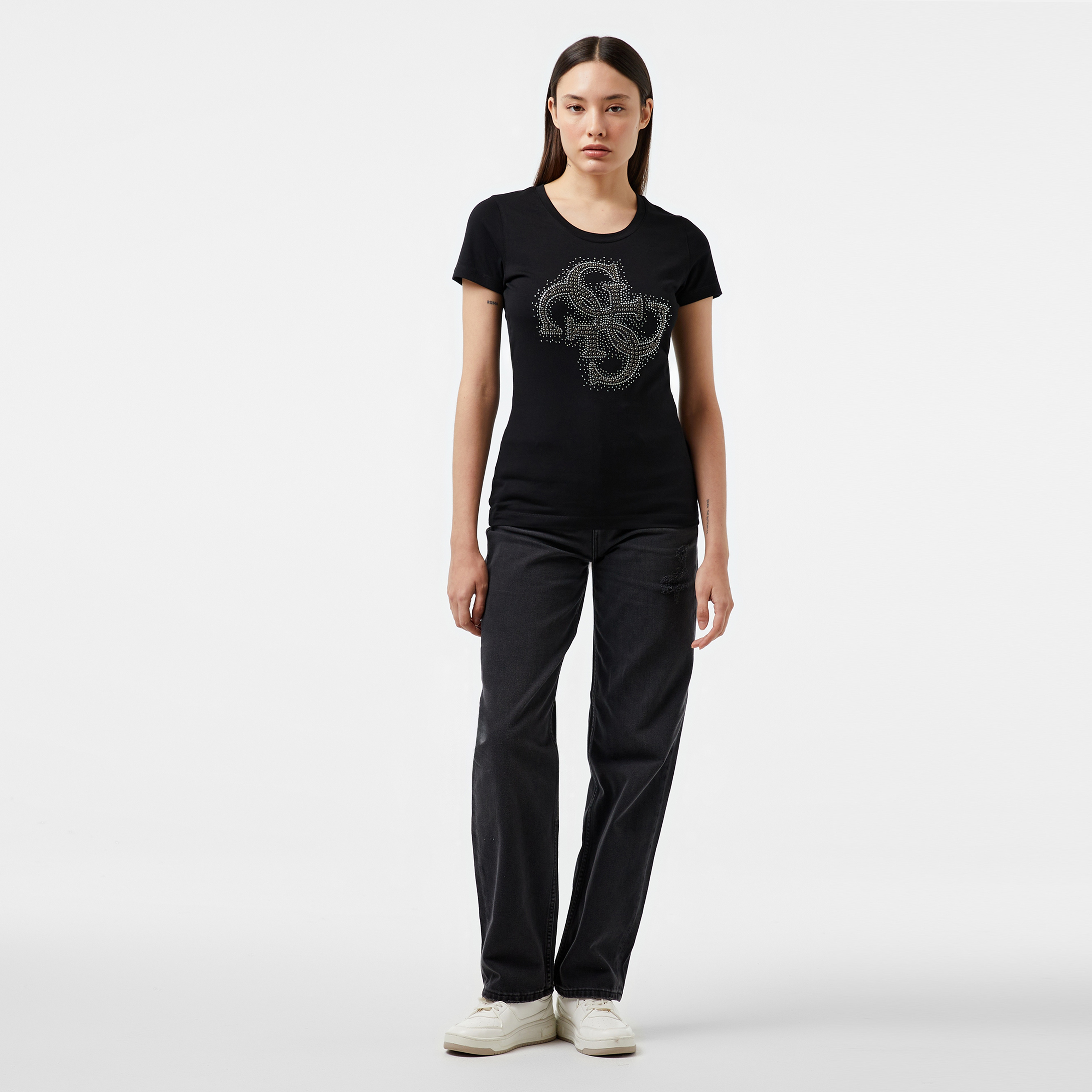 Guess Rn 4Logo Mid Organic Stretch Jersey 180 Kadın Siyah T-Shirt