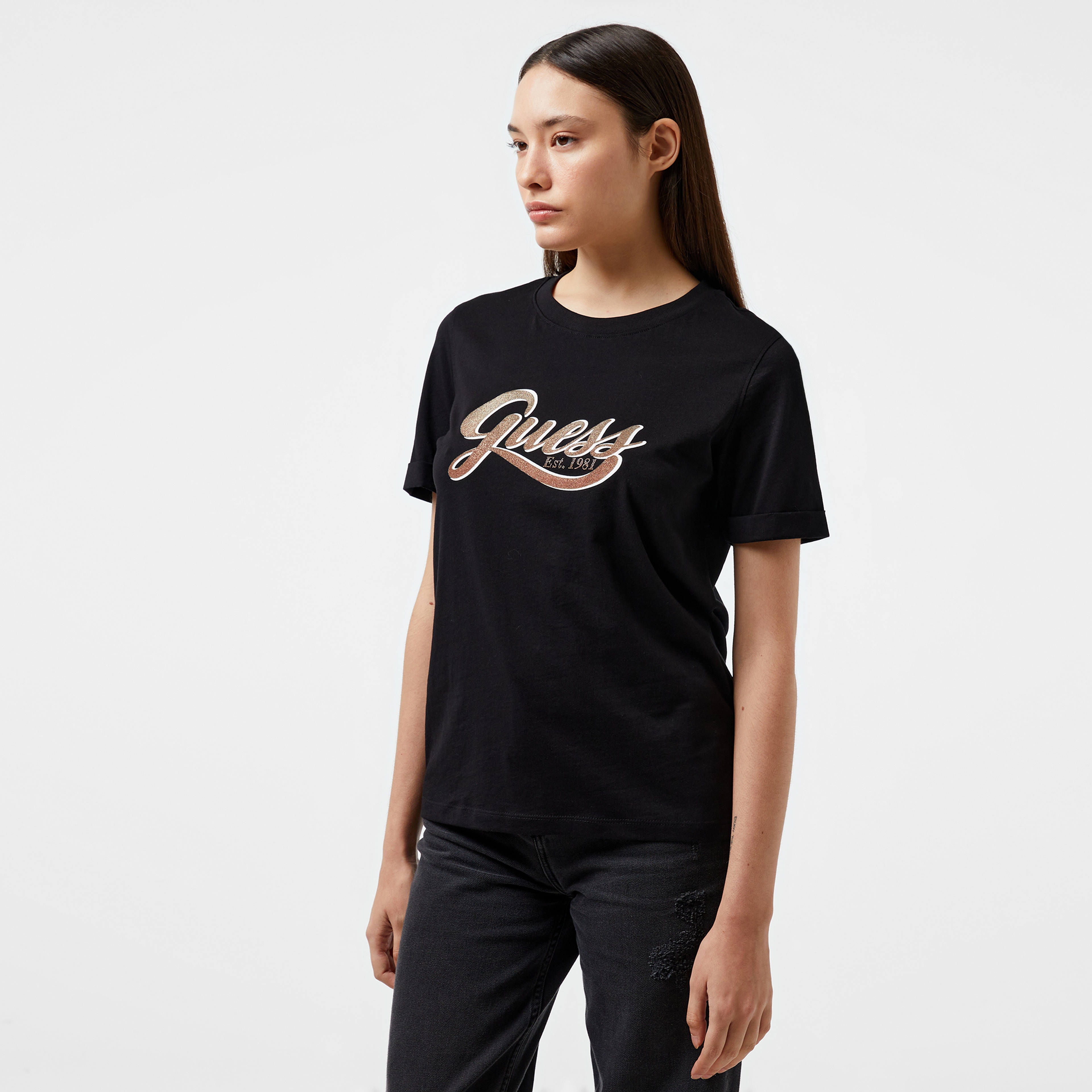 Guess Glittery Logo Mid Organic Coloured Jersey Kadın Siyah T-Shirt