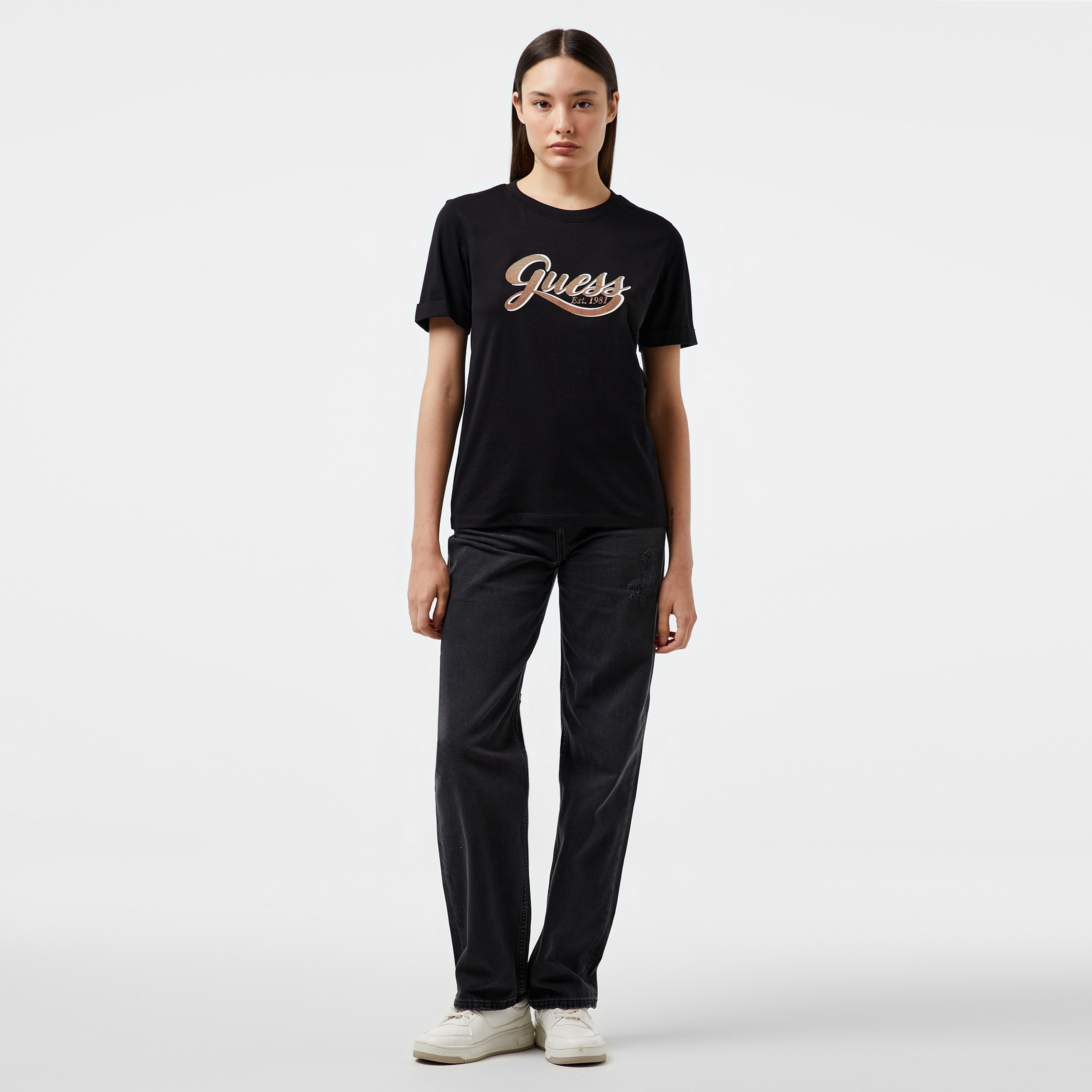 Guess Glittery Logo Mid Organic Coloured Jersey Kadın Siyah T-Shirt