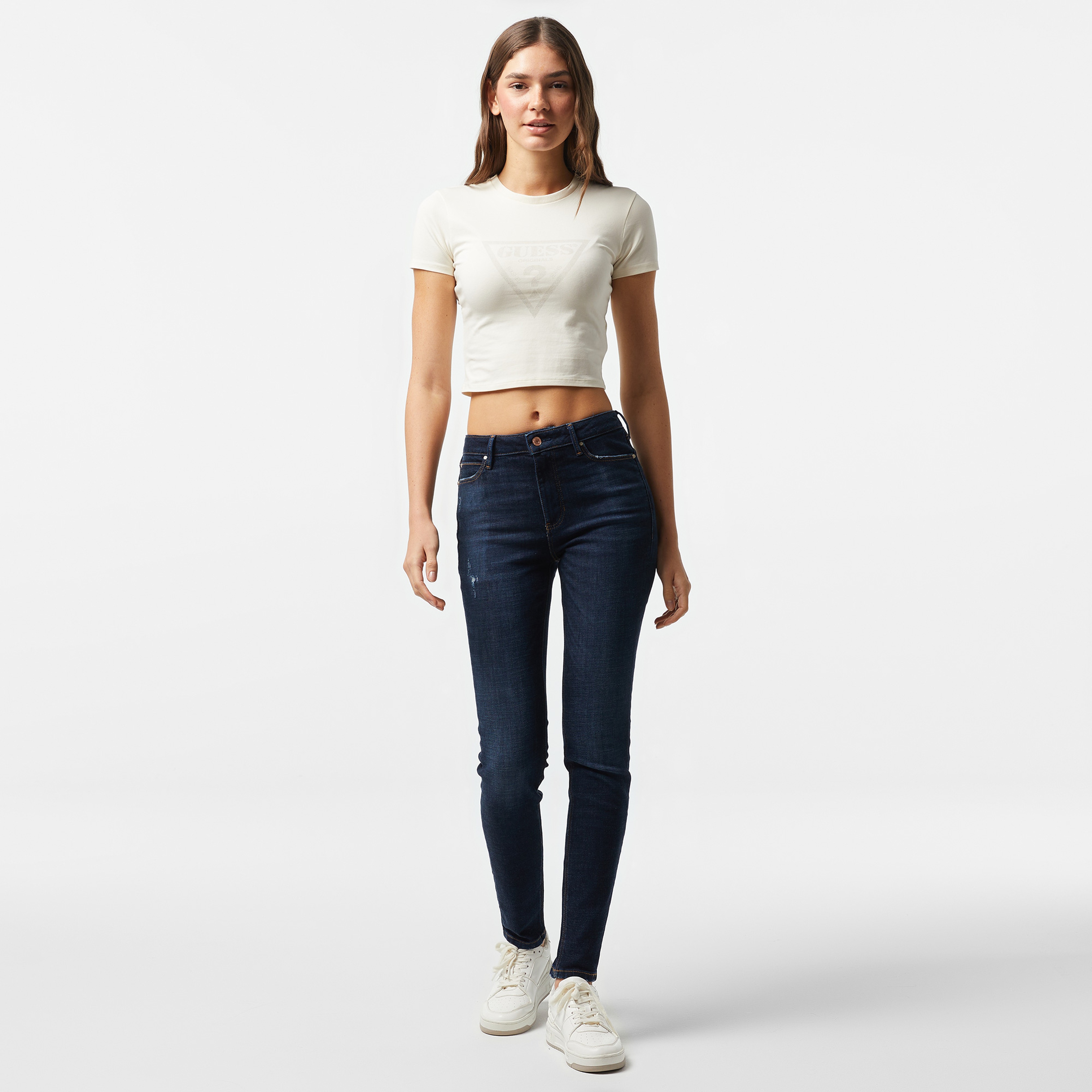 Guess Go Vintage Triangle Mid Organic Stretch Jersey 180 Kadın Bej T-Shirt