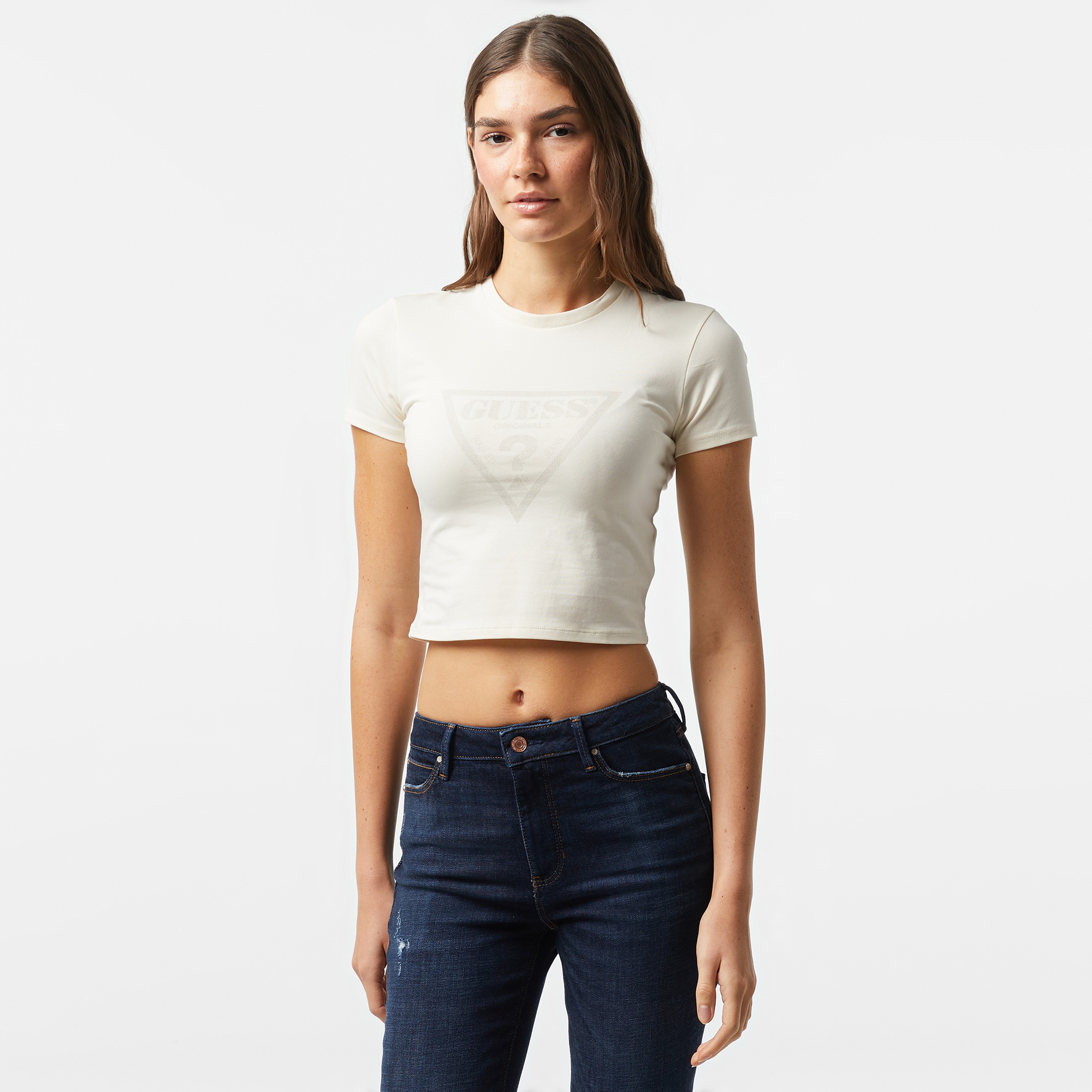 Guess Go Vintage Triangle Mid Organic Stretch Jersey 180 Kadın Bej T-Shirt