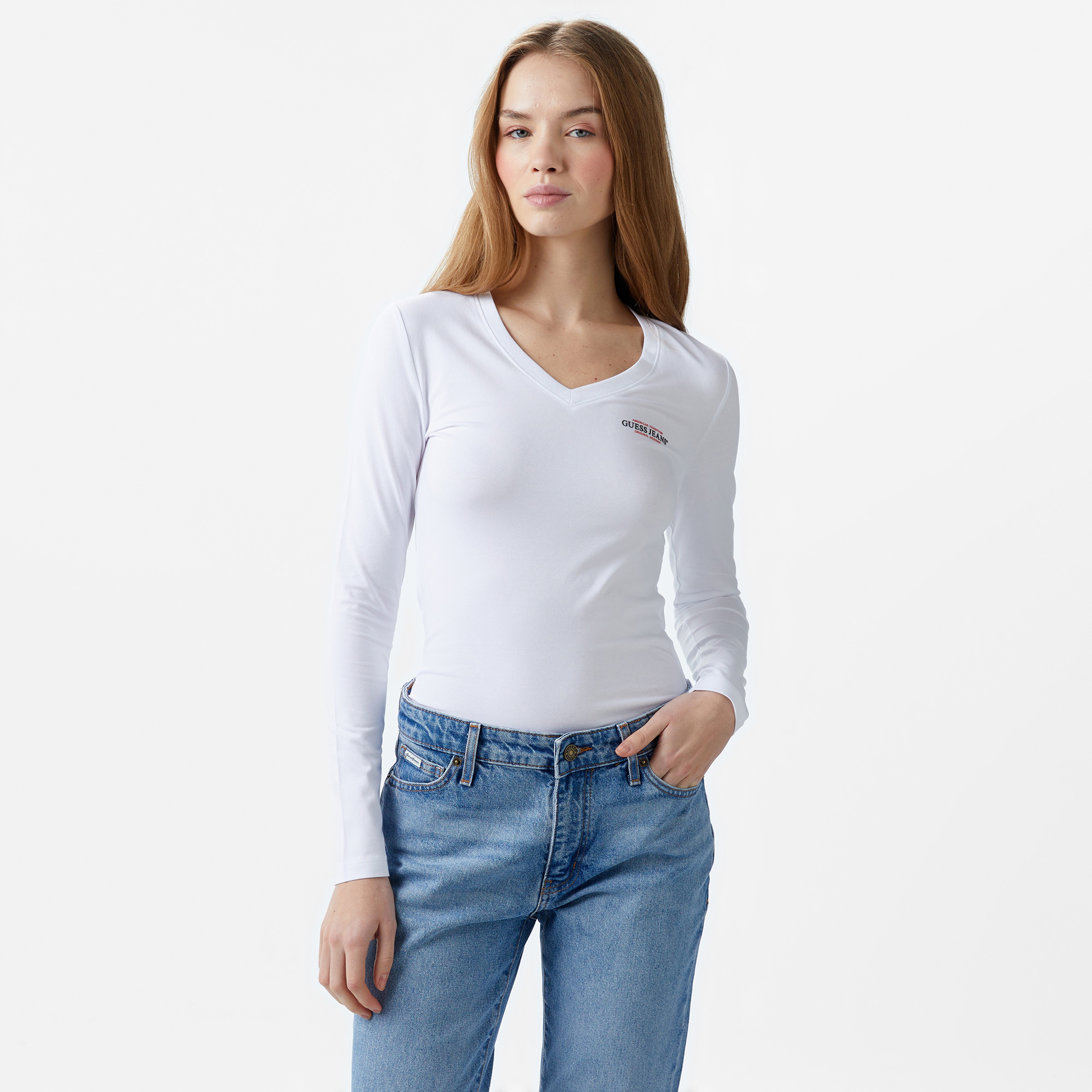 Guess Slim Mini Mid Organic Stretch Jersey 180 Kadın Beyaz T-Shirt