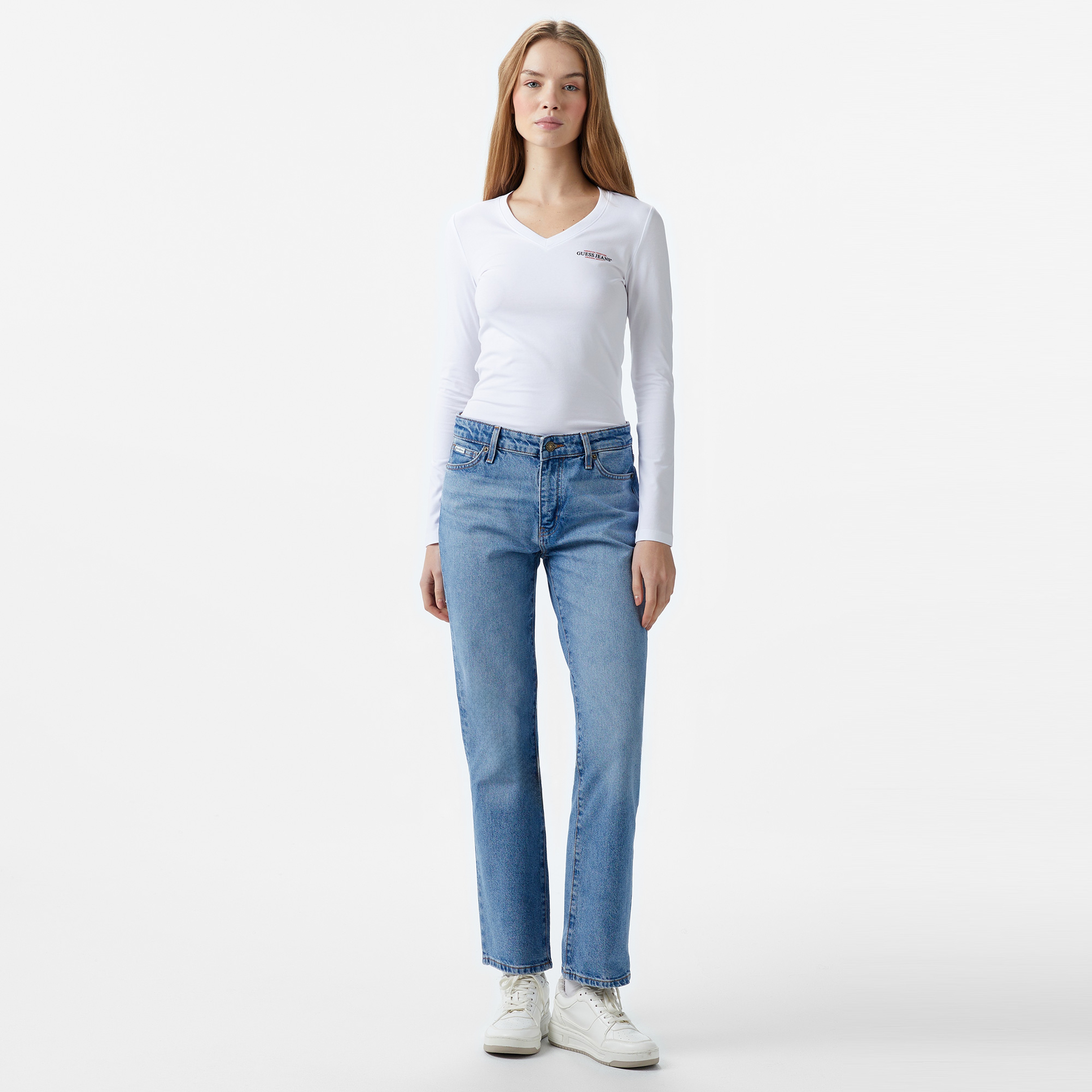 Guess Slim Mini Mid Organic Stretch Jersey 180 Kadın Beyaz T-Shirt