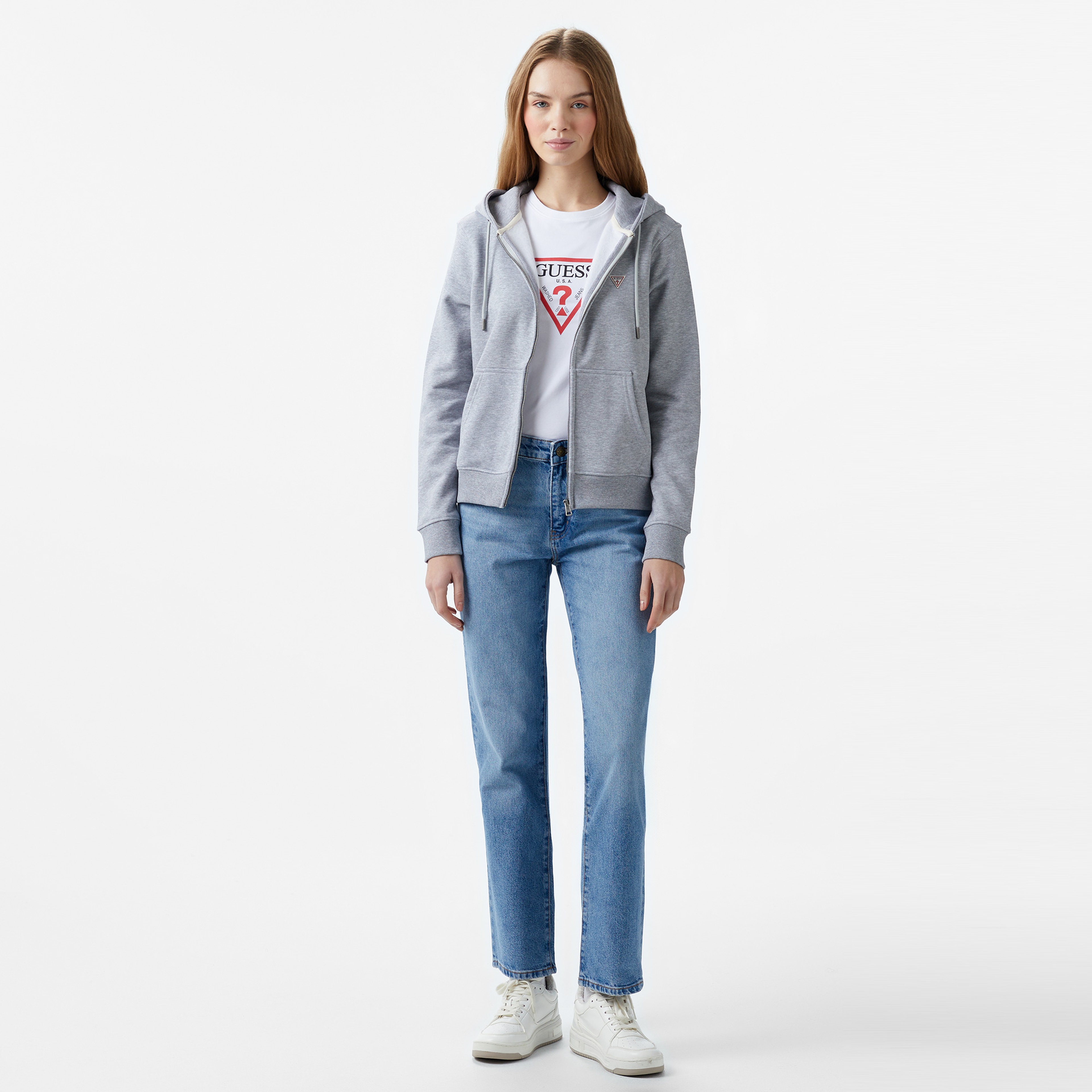 Guess Zip Hood Organic Soft Fleece 350 Kadın Mavi Sweatshirt