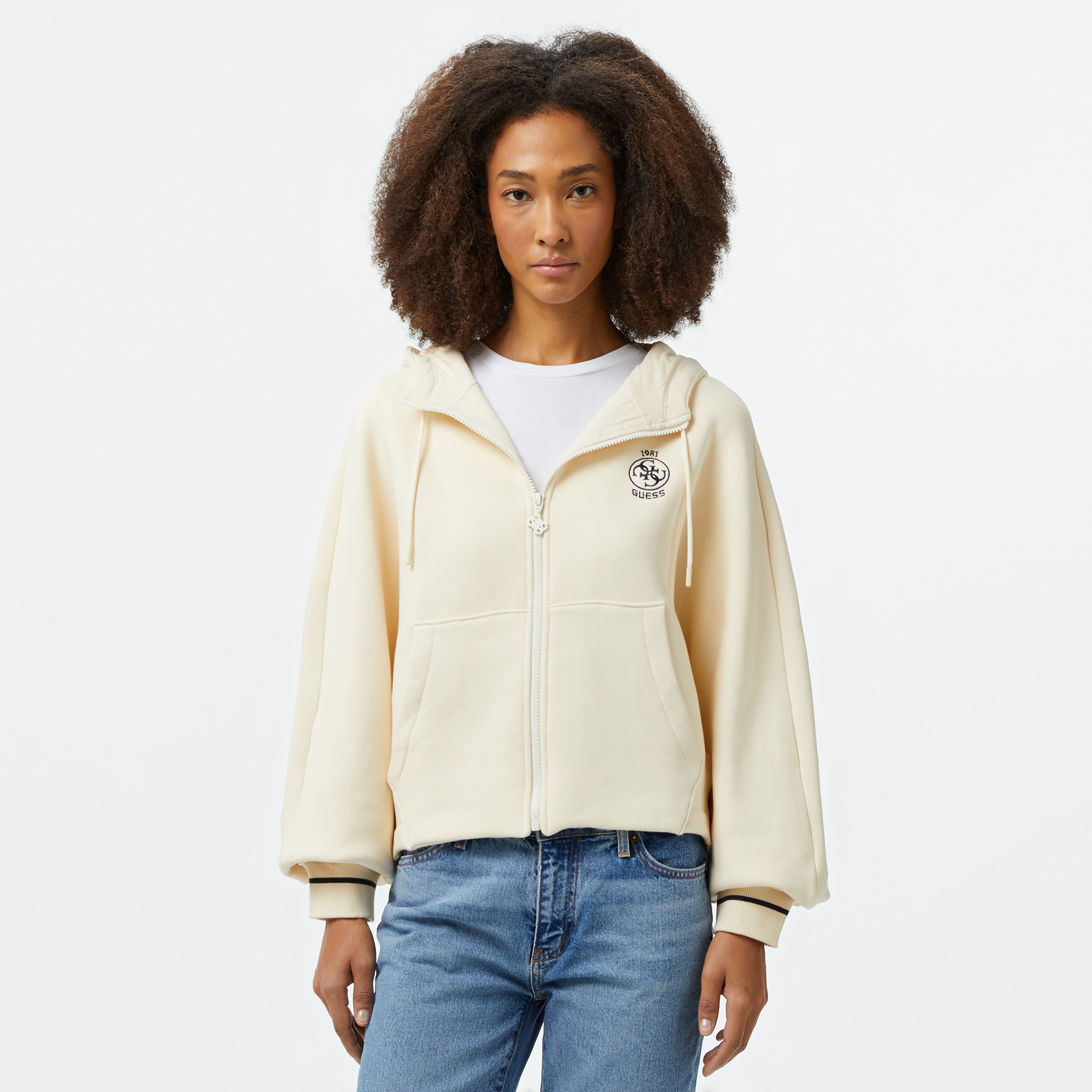 Guess Nıa Full Zip Sweatsh Poly Str Fleece 425 Kadın Beyaz Sweatshirt