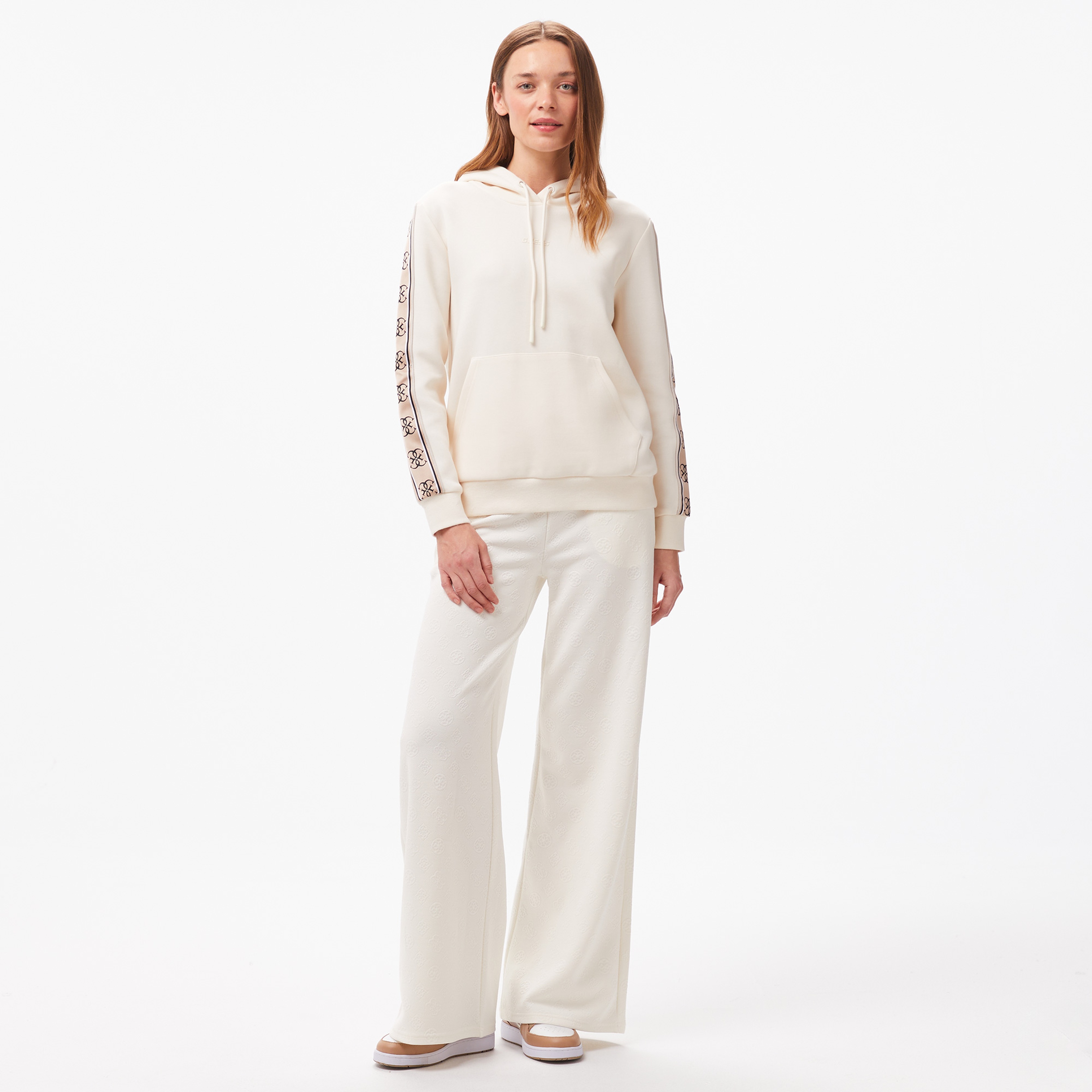Guess Carla Hooded Punto Milano 300 Kadın Krem Rengi Sweatshirt