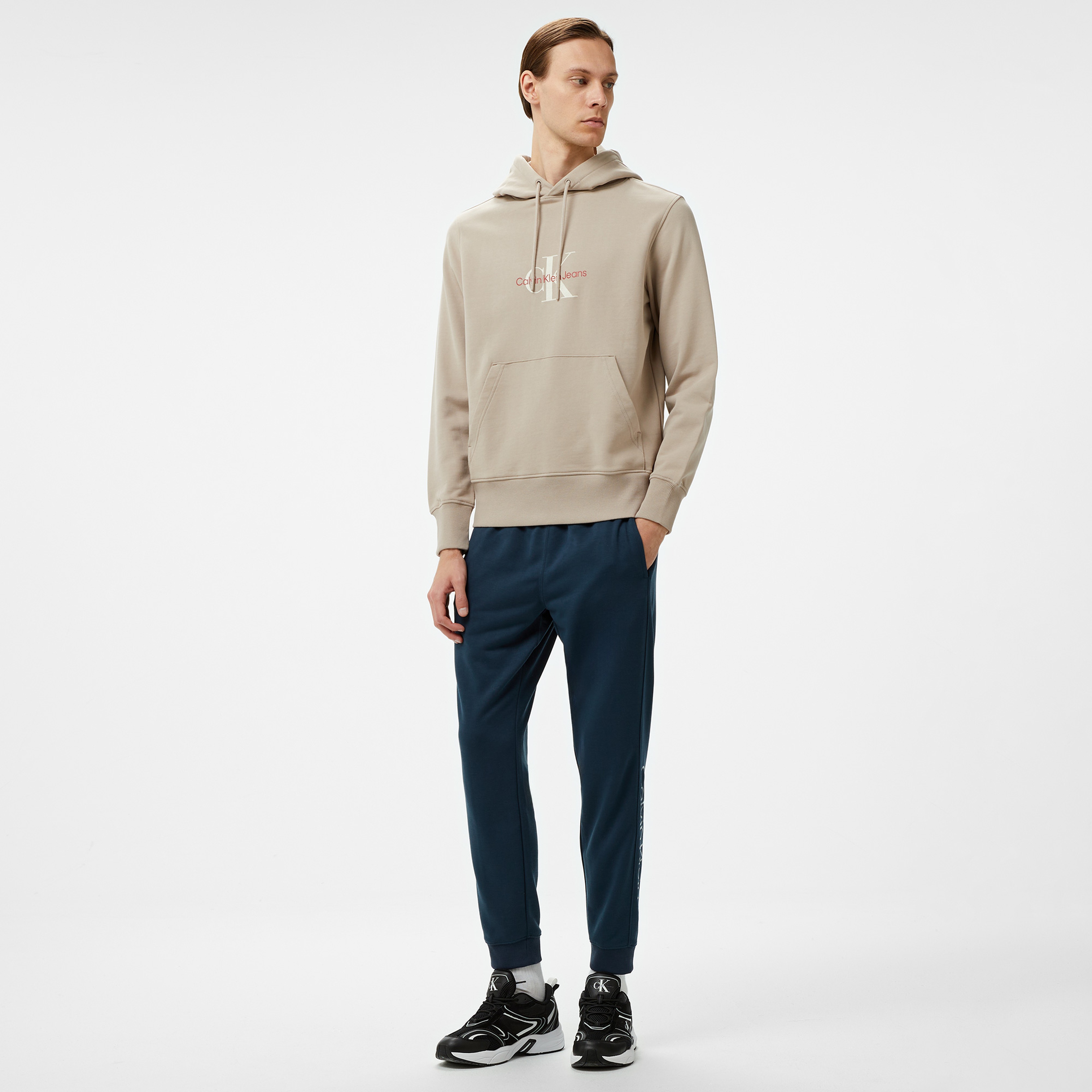 Calvin Klein Jeans Distressed Monologo Erkek Bej Hoodie