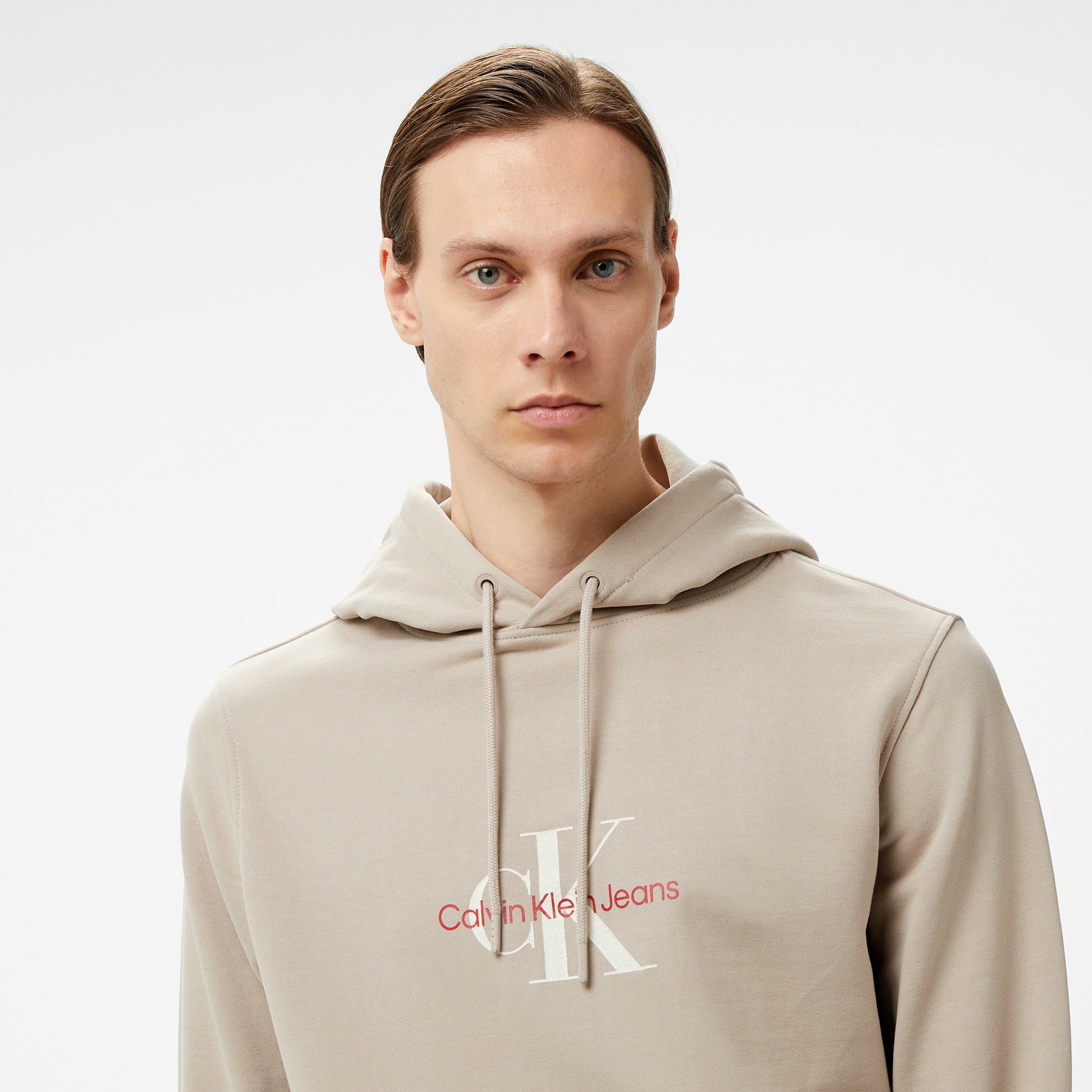 Calvin Klein Jeans Distressed Monologo Erkek Bej Hoodie