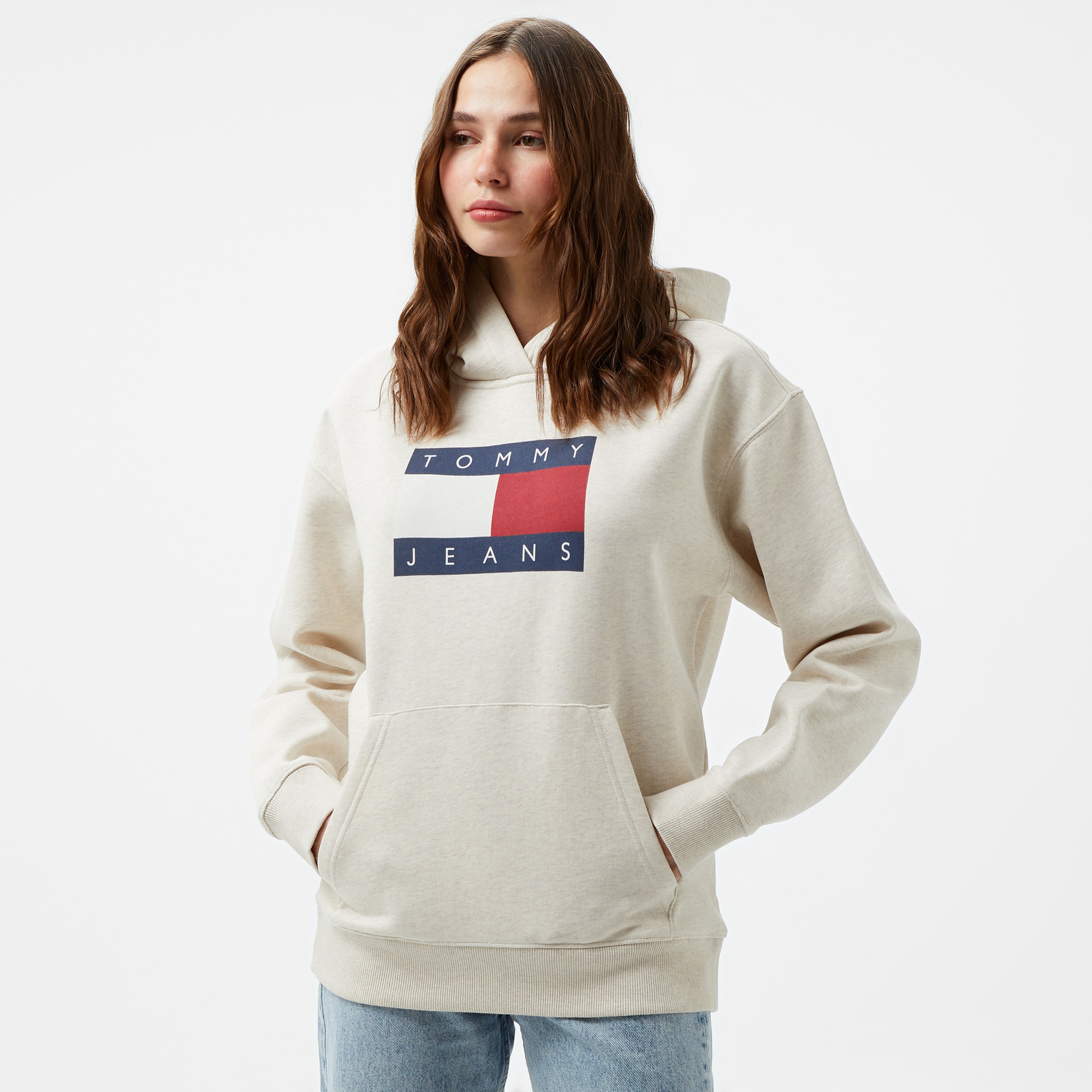 Tommy Hilfiger Jeans Melange Flag Kadın Kahverengi Hoodie