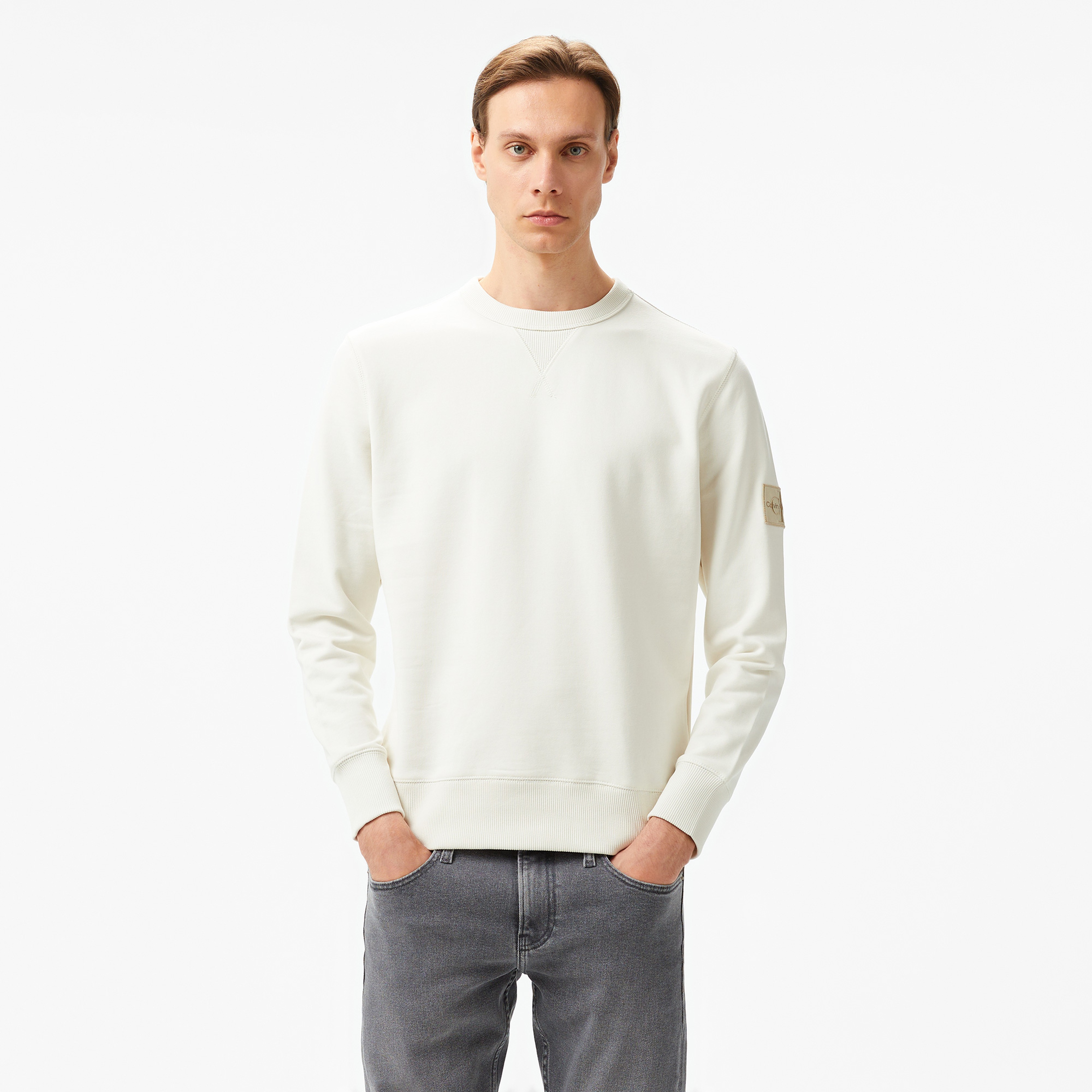 Calvin Klein Jeans Badge Crew Neck Erkek Beyaz Sweatshirt
