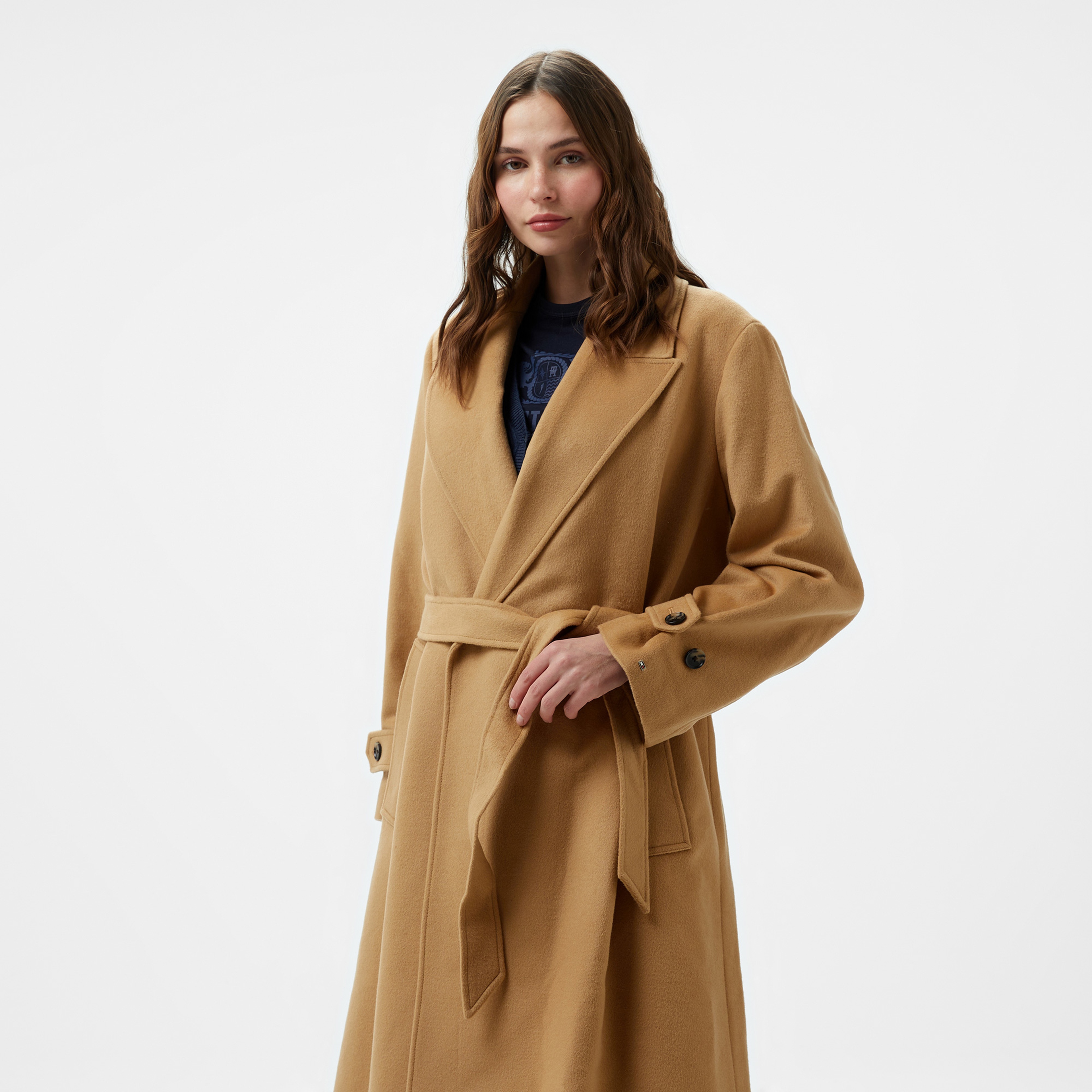 Tommy Hilfiger Wool Blend Belted Kadın Haki Mont