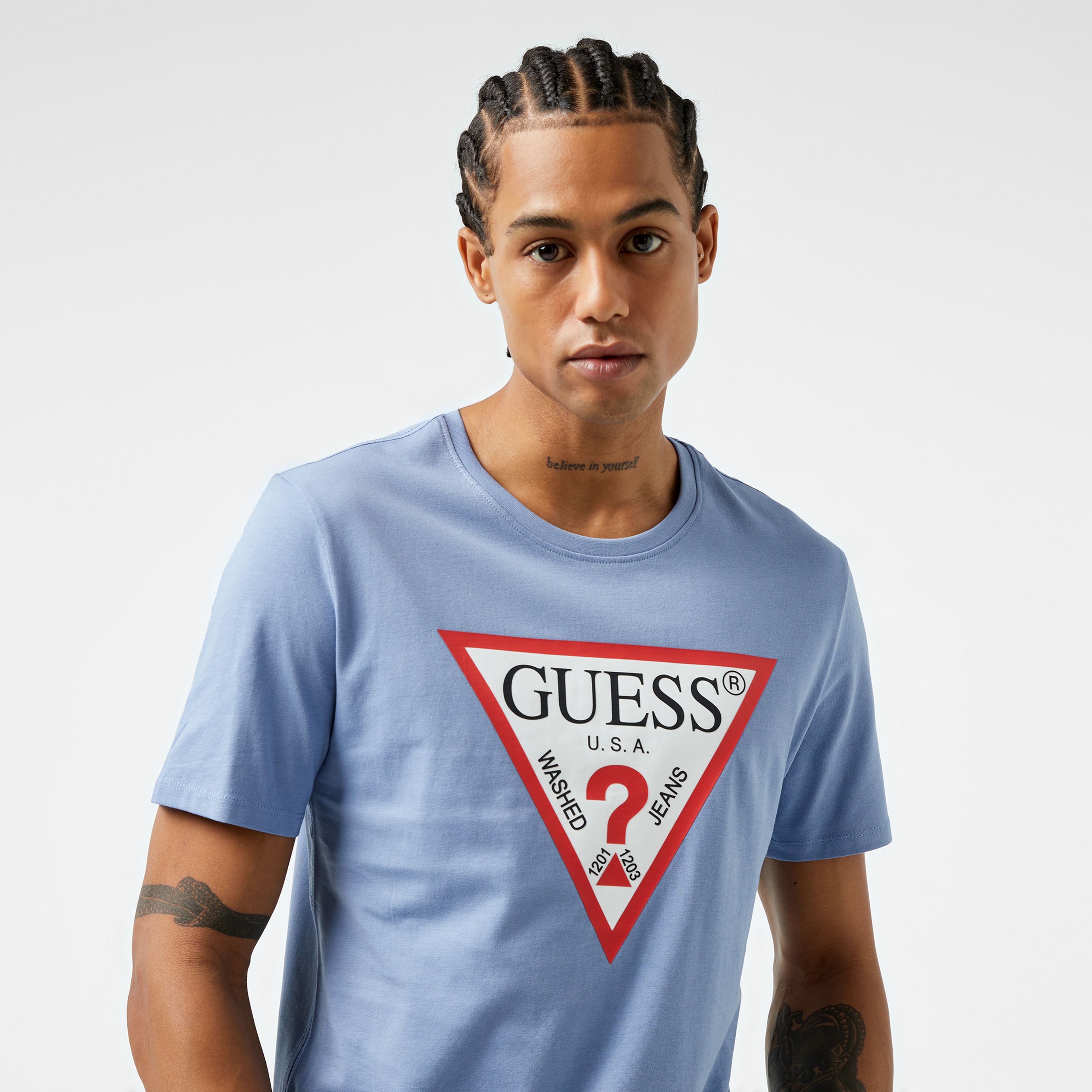 Guess Original Logo Mid Organic Stream Jersey 180 Erkek Mavi T-Shirt