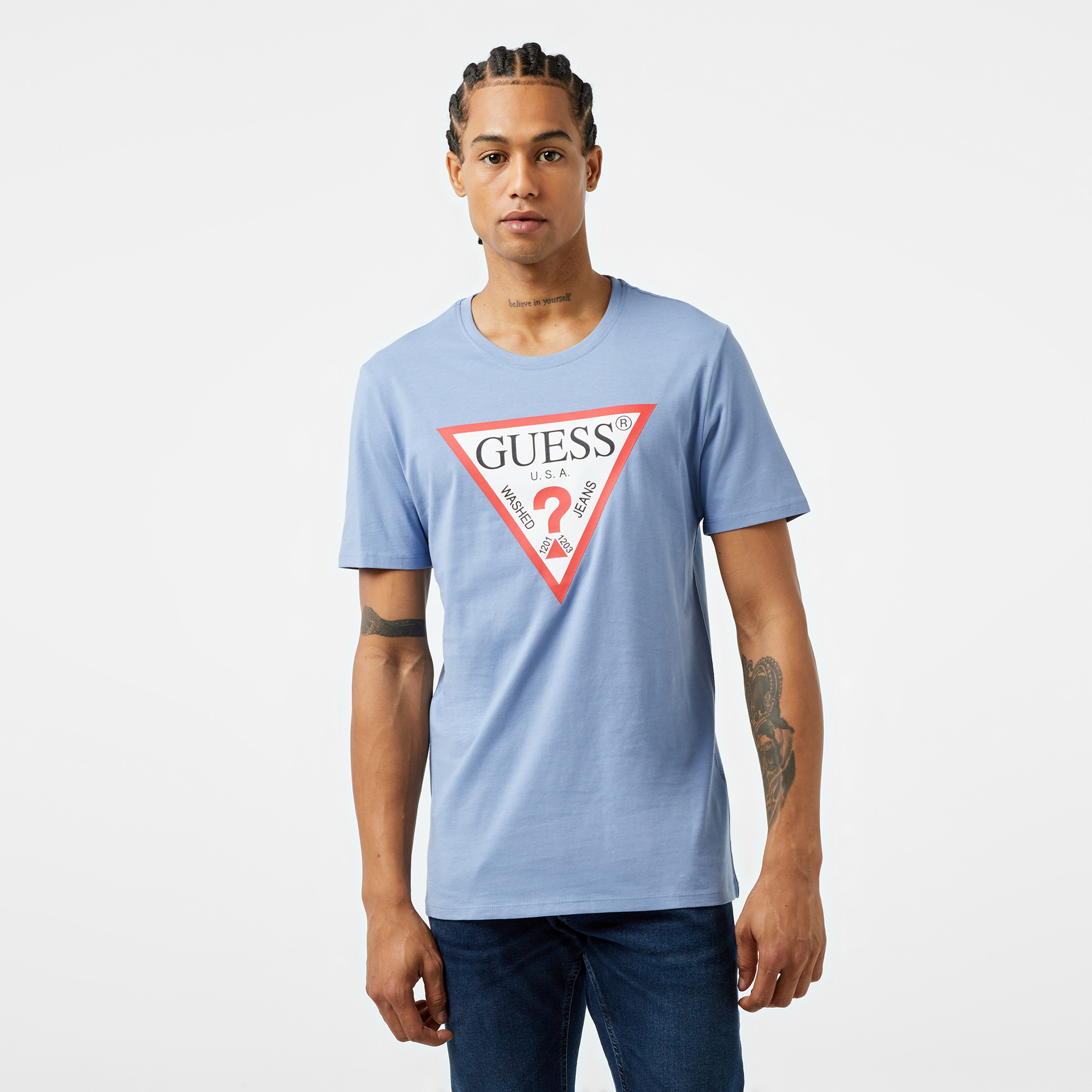 Guess Original Logo Mid Organic Stream Jersey 180 Erkek Mavi T-Shirt