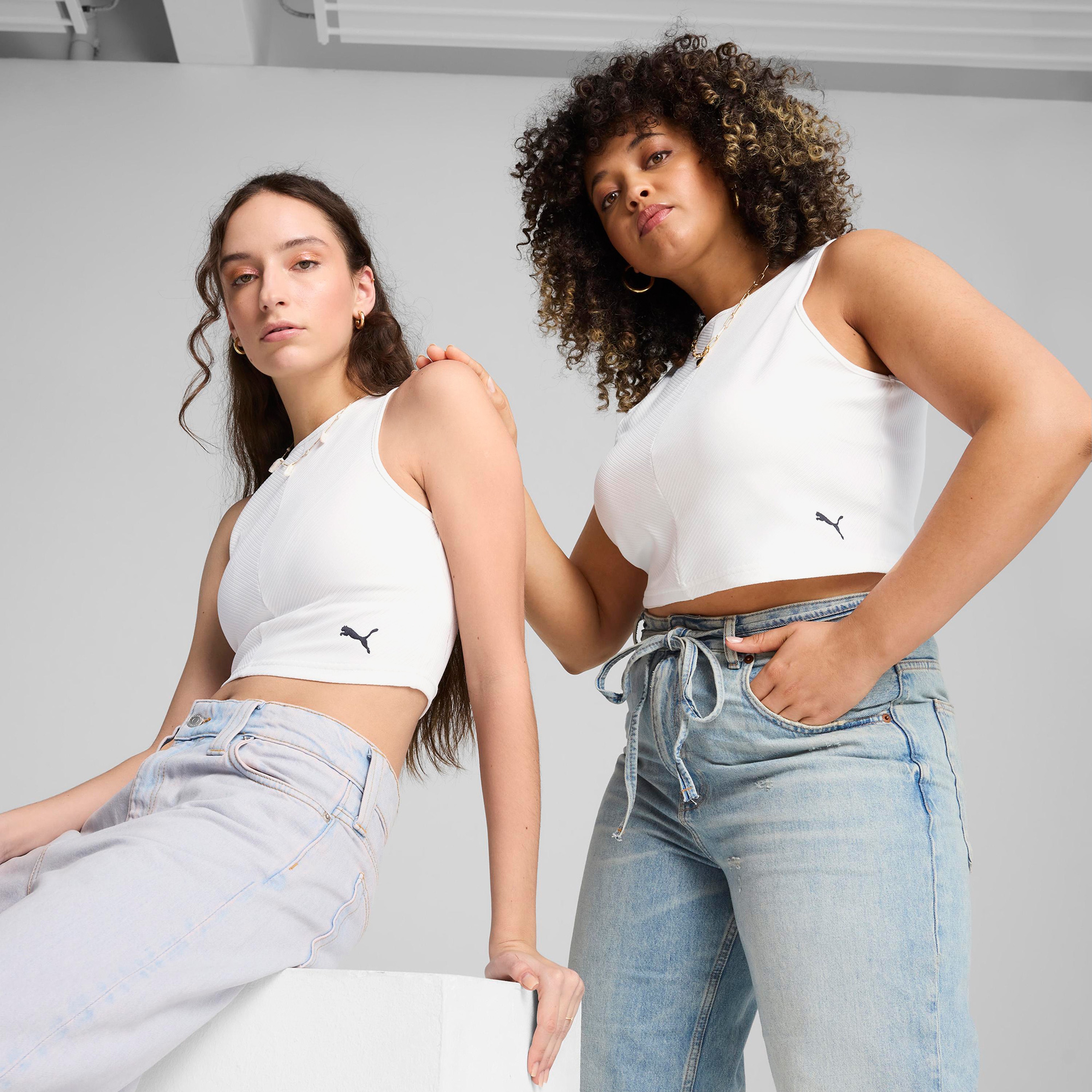 Puma Wardrobe Essentials Ribbed Crop Top Kadın Beyaz Atlet