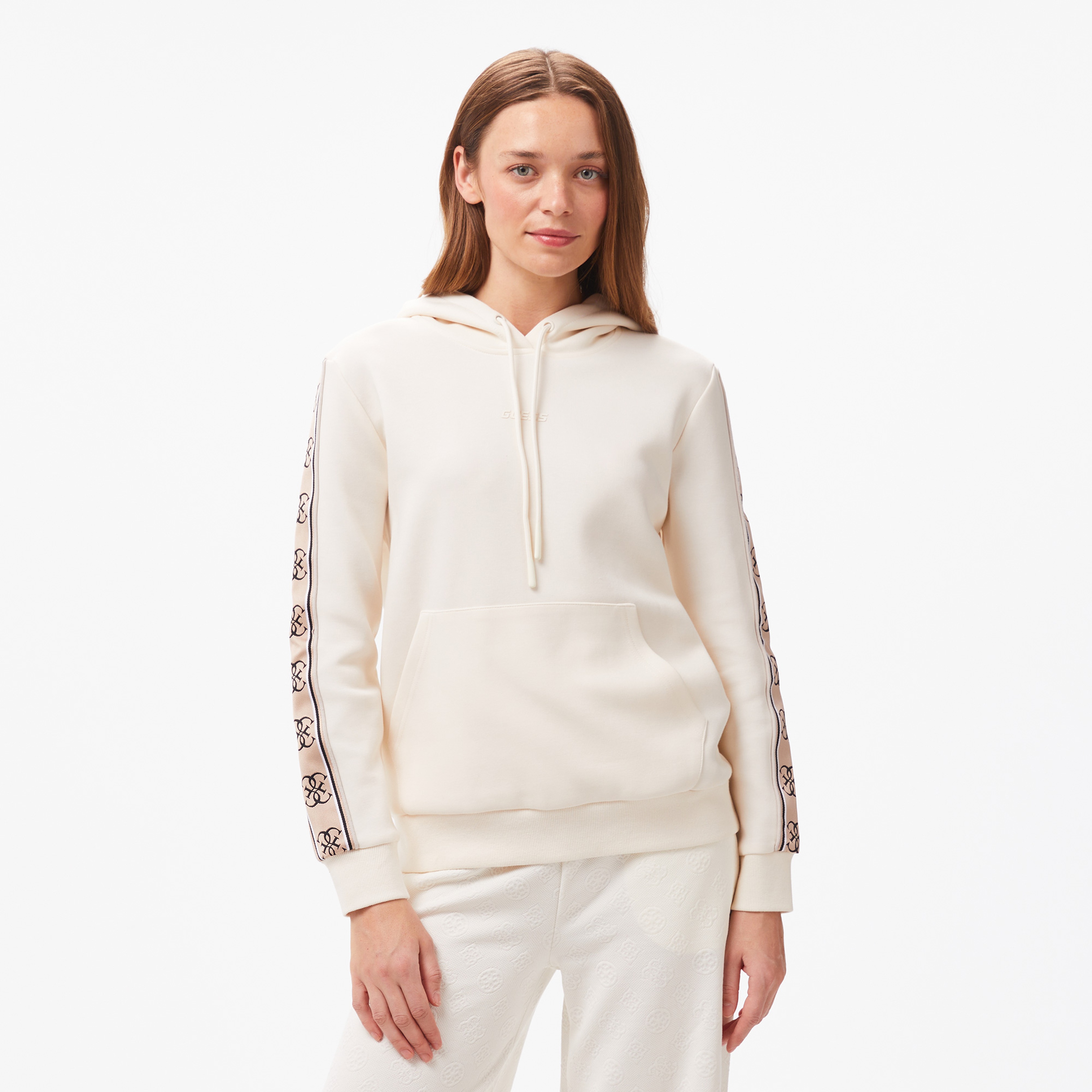 Guess Carla Hooded Punto Milano 300 Kadın Krem Rengi Sweatshirt