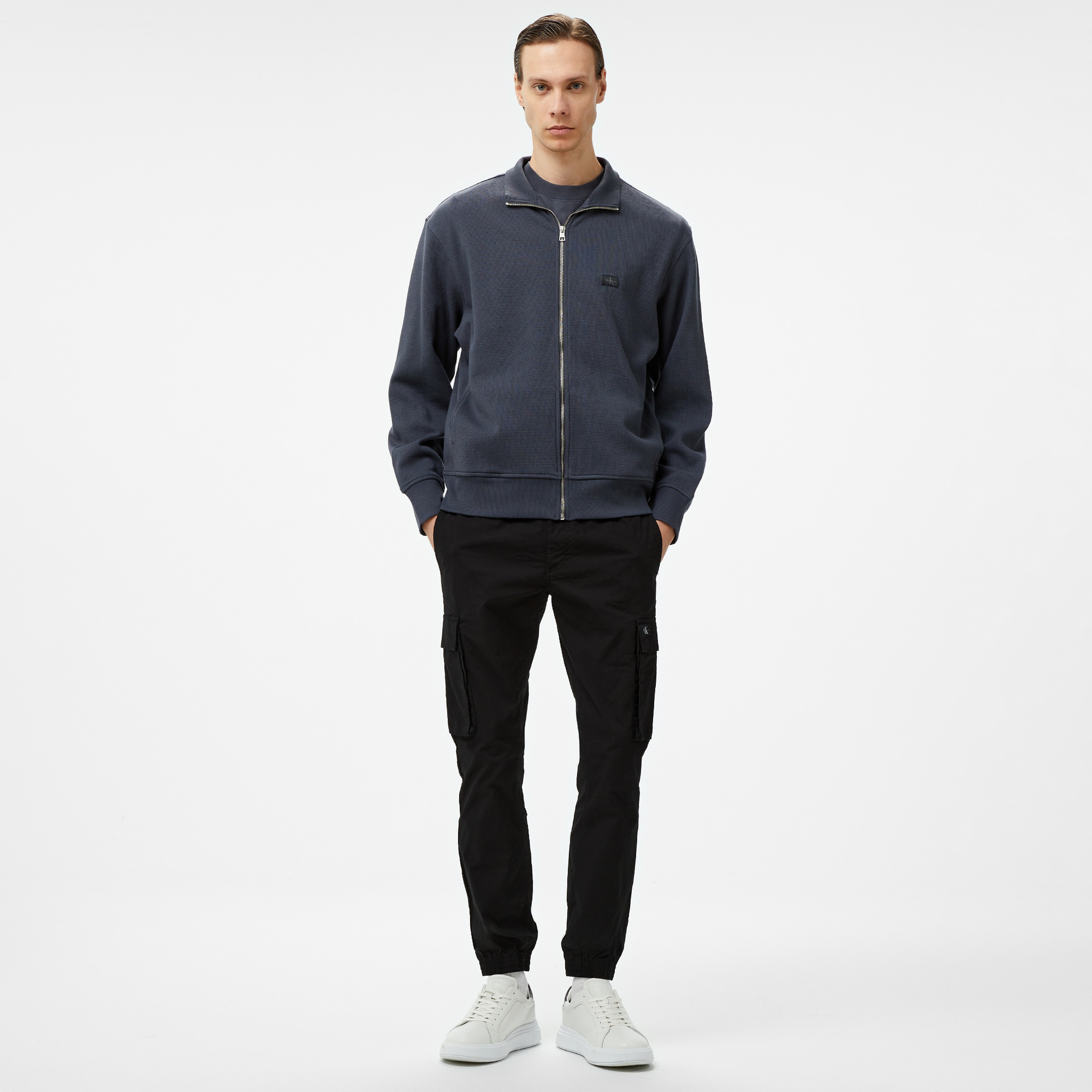 Calvin Klein Jeans Woven Label Waffle Zip Through Erkek Siyah Sweatshirt