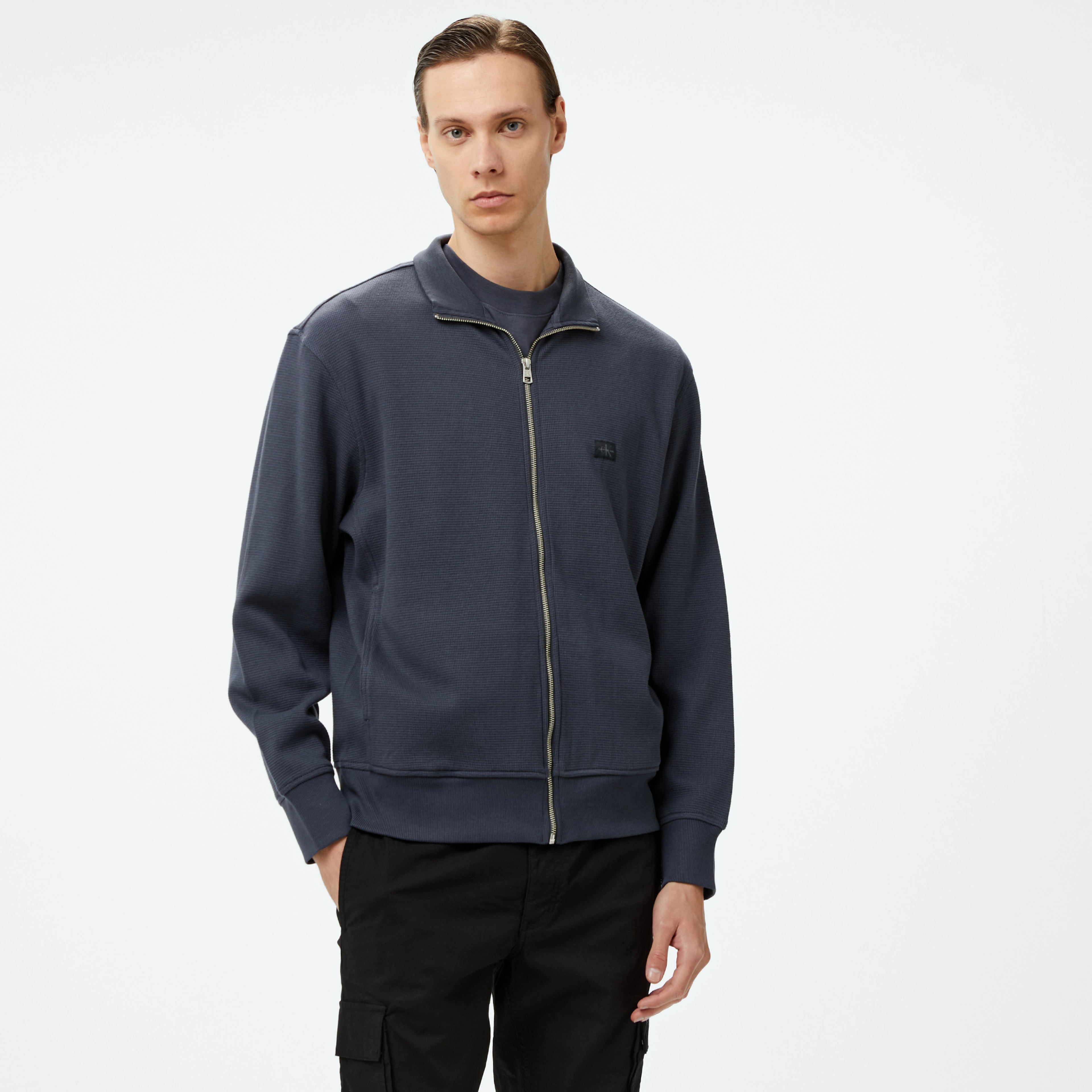 Calvin Klein Jeans Woven Label Waffle Zip Through Erkek Siyah Sweatshirt
