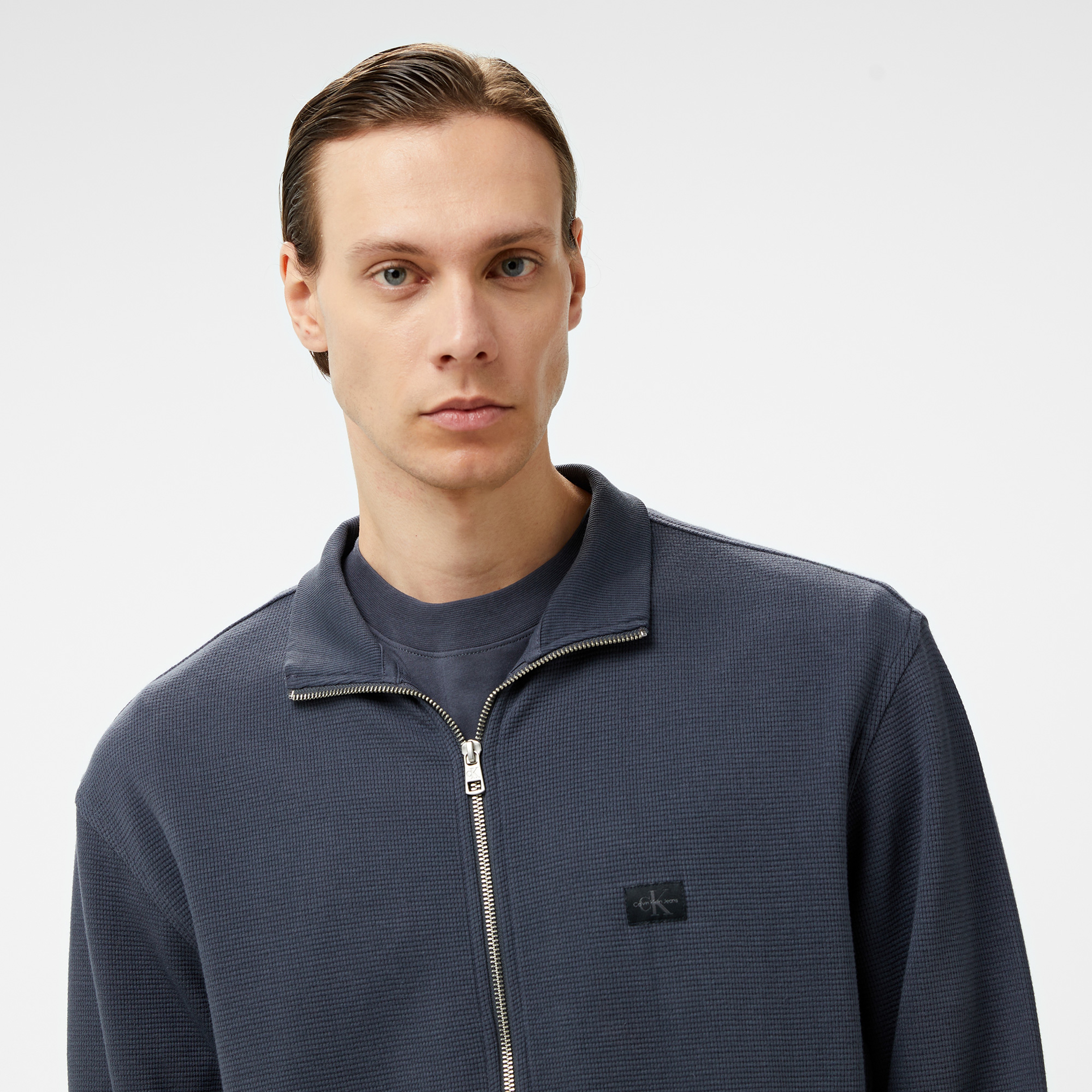 Calvin Klein Jeans Woven Label Waffle Zip Through Erkek Siyah Sweatshirt