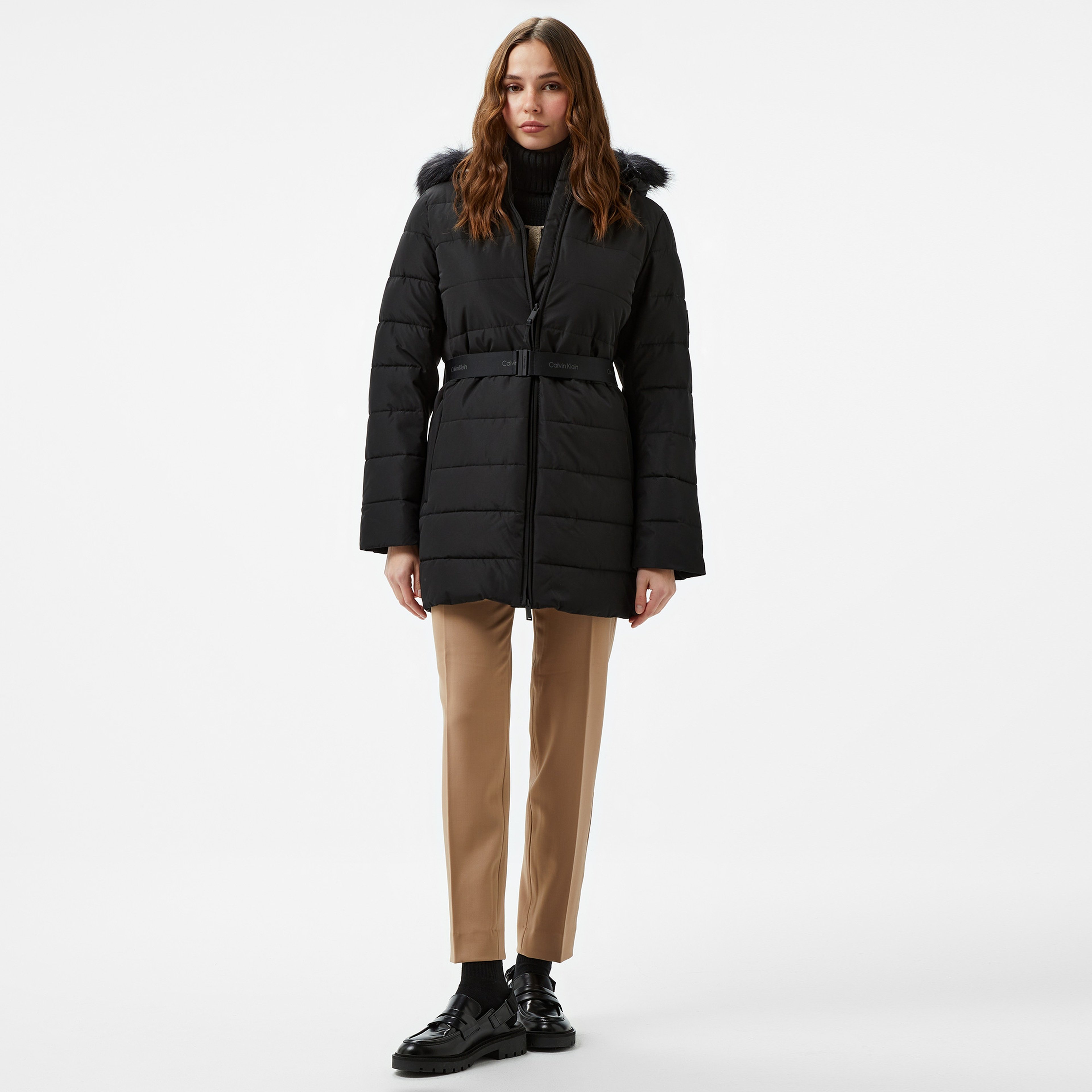 Calvin Klein Padded Scuba Belted Kadın Siyah Mont