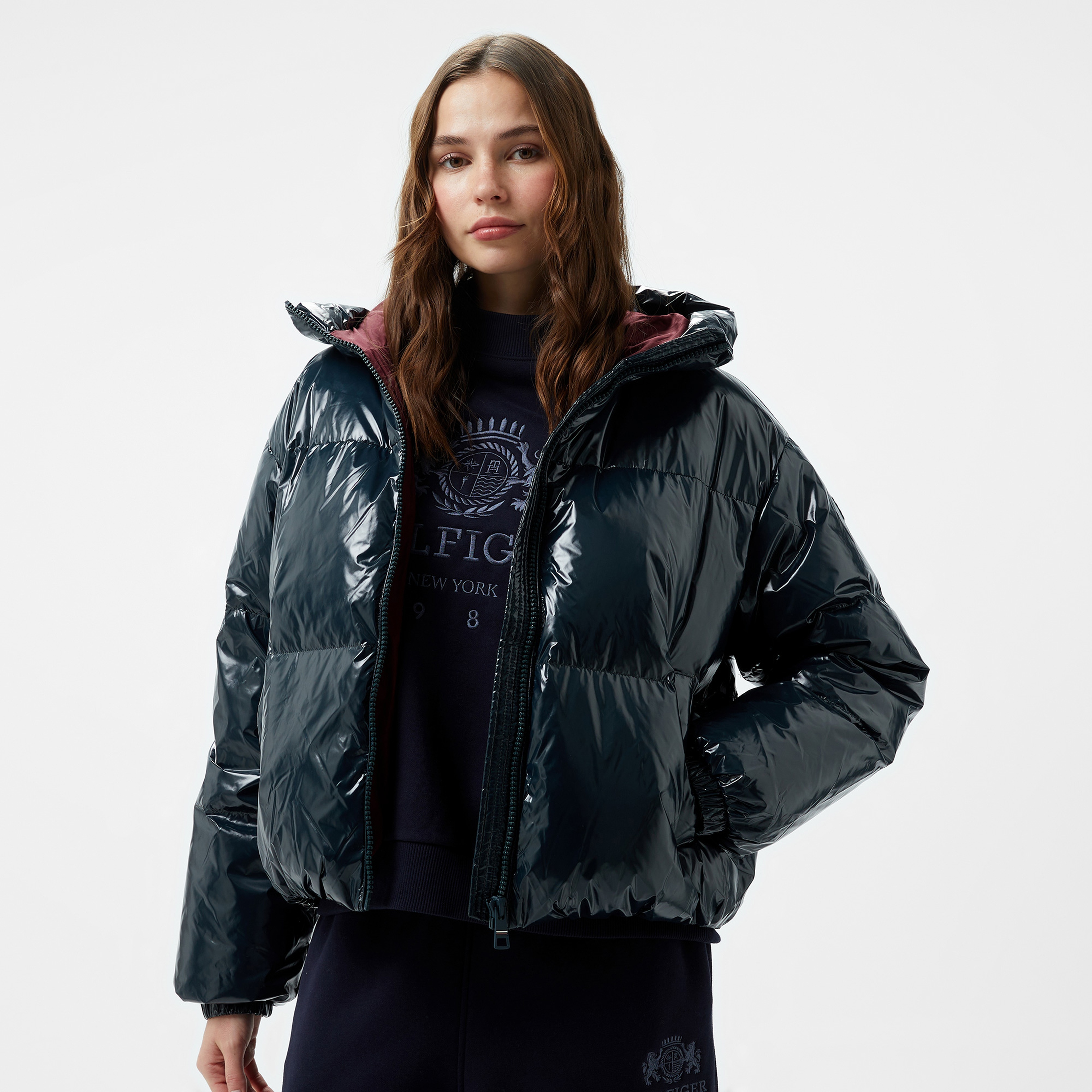 Tommy Hilfiger New York Down Gloss Wth Hood Kadın Lacivert Mont