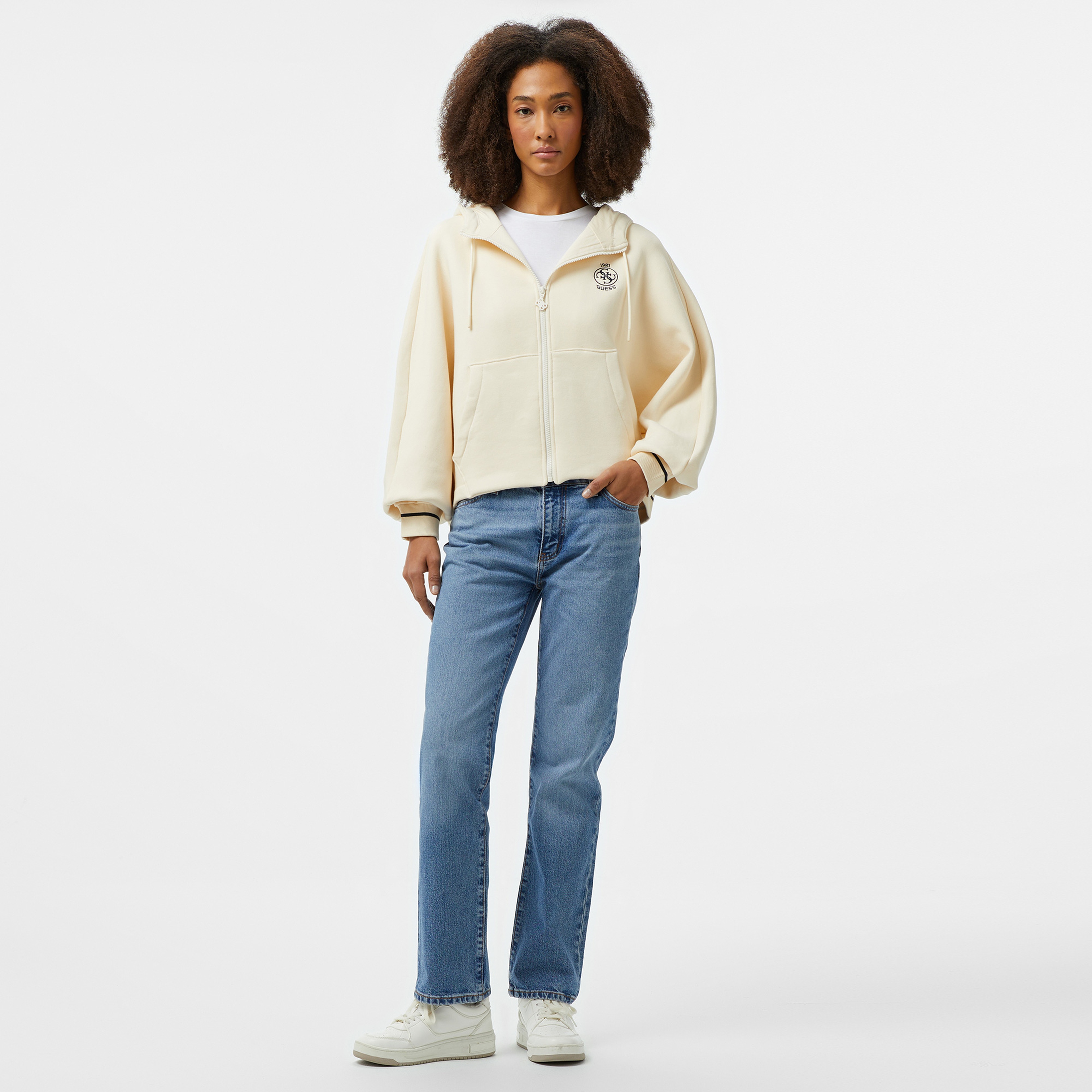 Guess Nıa Full Zip Sweatsh Poly Str Fleece 425 Kadın Beyaz Sweatshirt