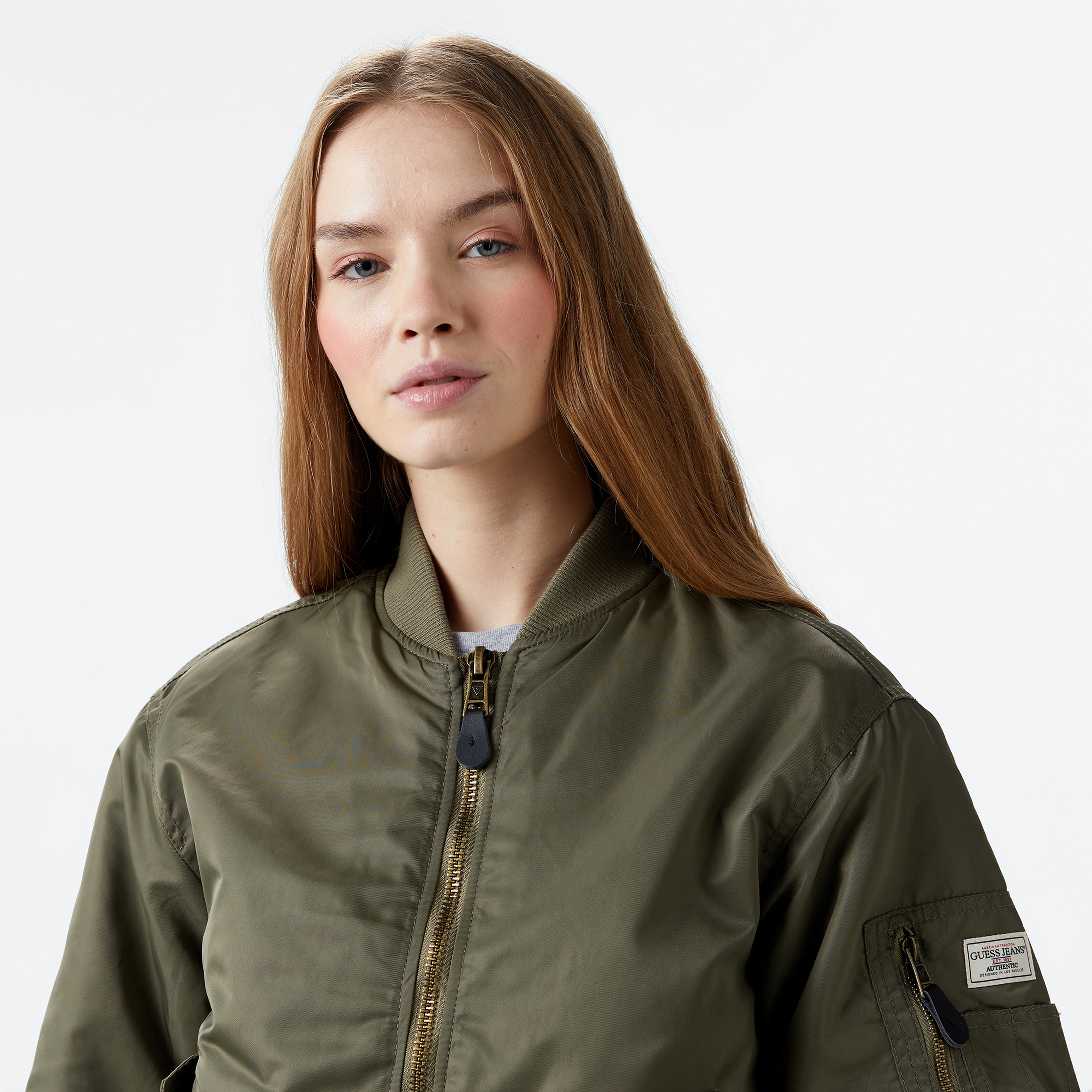 Guess Bomber Nylon Satin 165 Kadın Haki Ceket