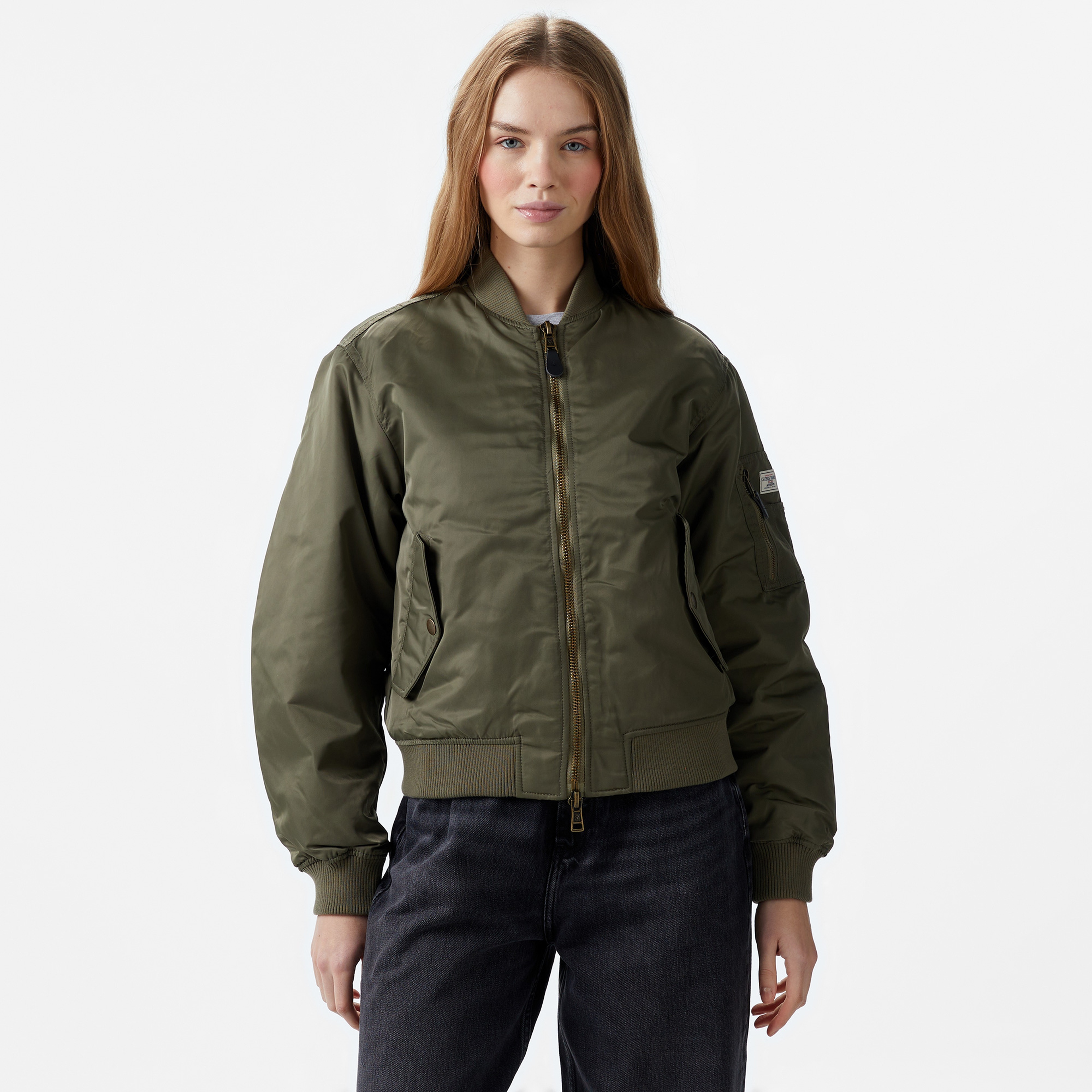 Guess Bomber Nylon Satin 165 Kadın Haki Ceket