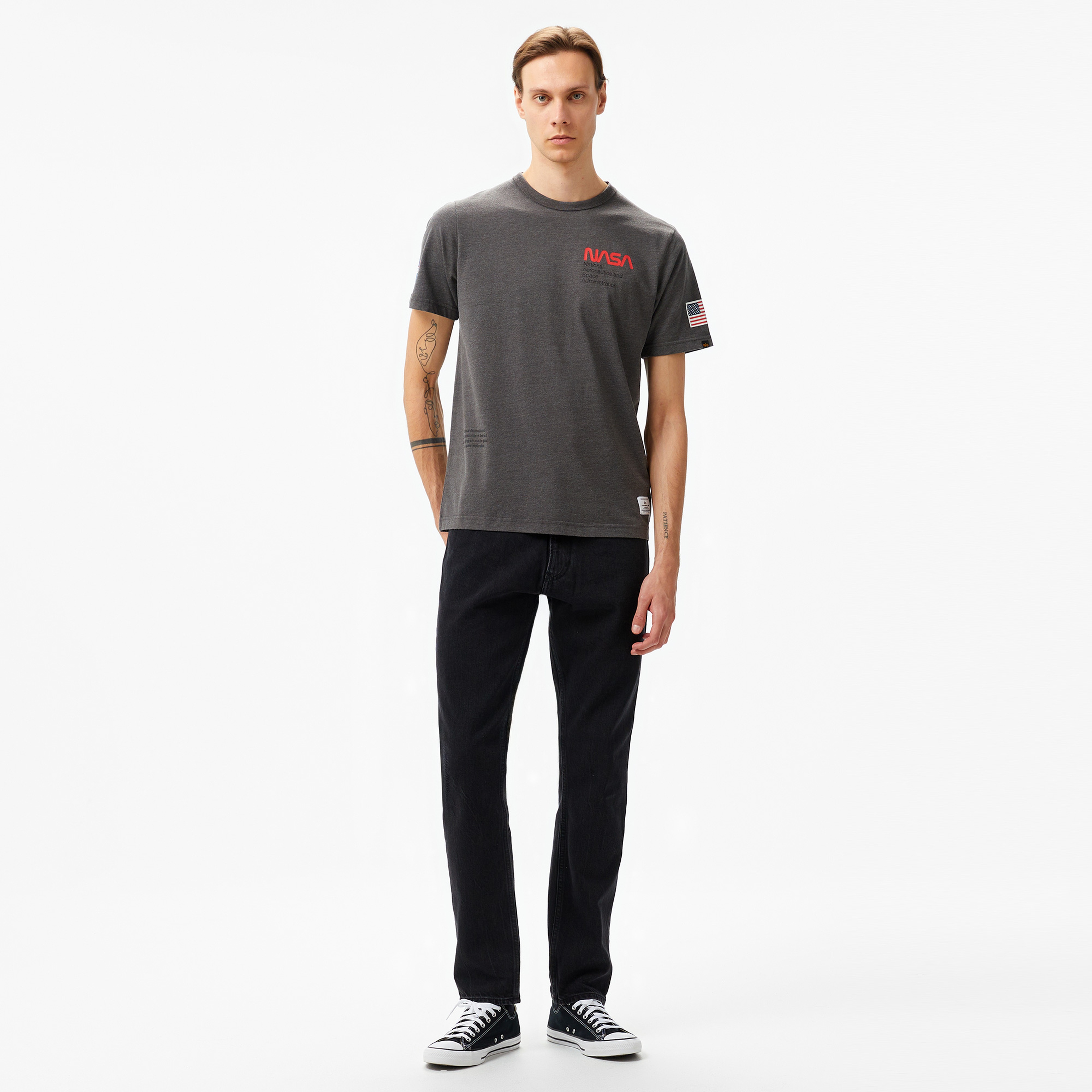 Alpha Industries Nasa Worm Logo Unisex Gri T-Shirt