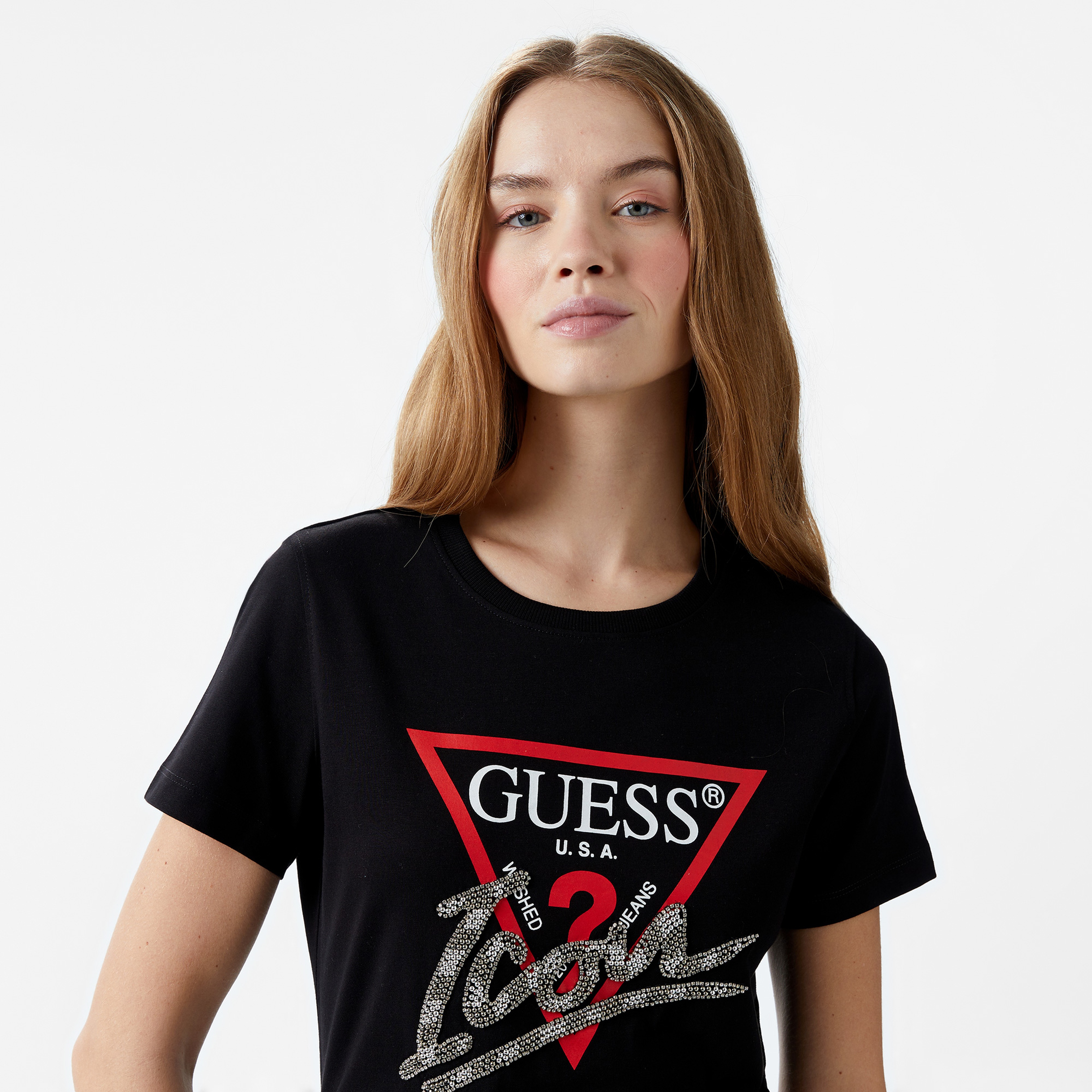 Guess Icon Mid Organic Stream Jersey 180 Kadın Siyah T-Shirt