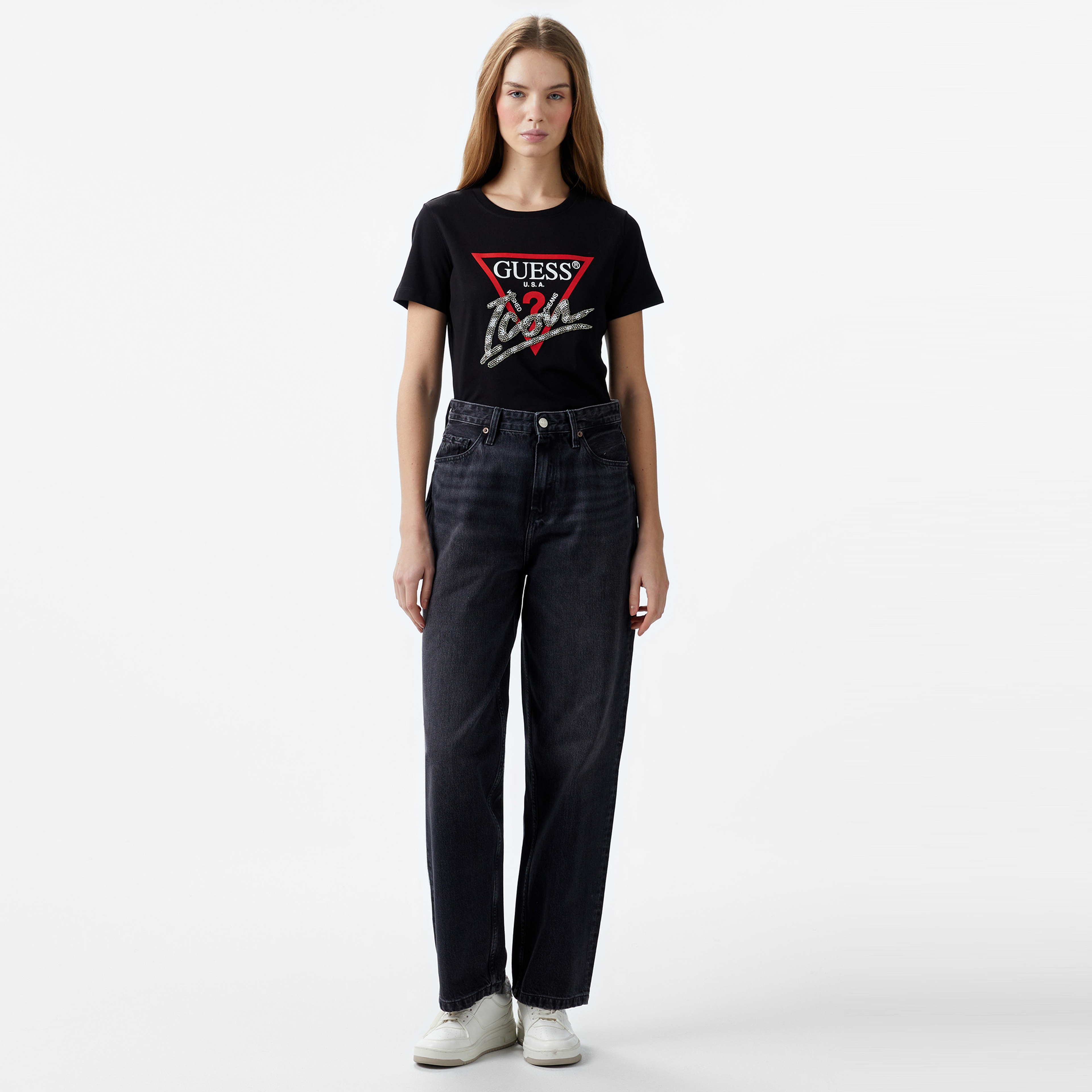 Guess Icon Mid Organic Stream Jersey 180 Kadın Siyah T-Shirt