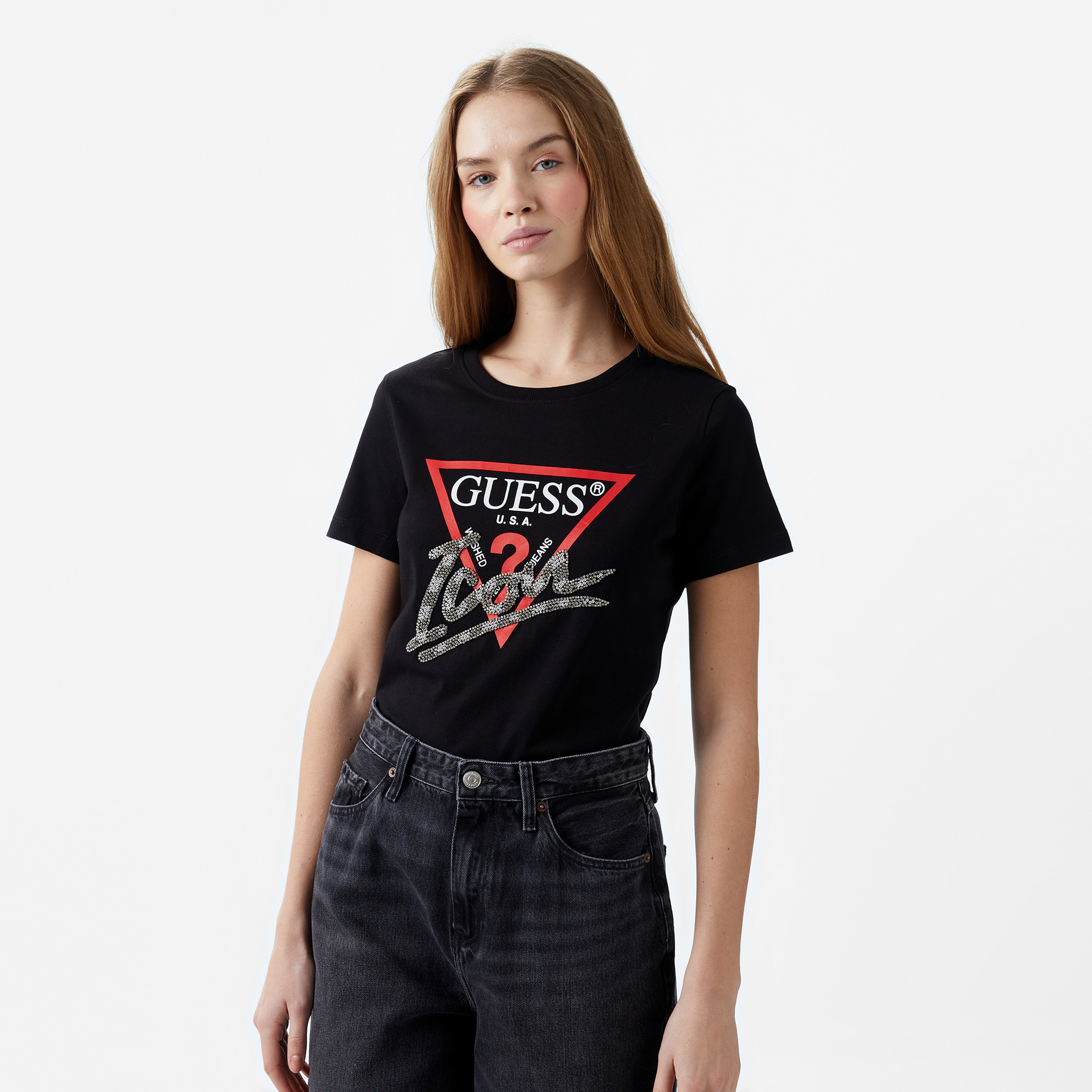 Guess Icon Mid Organic Stream Jersey 180 Kadın Siyah T-Shirt