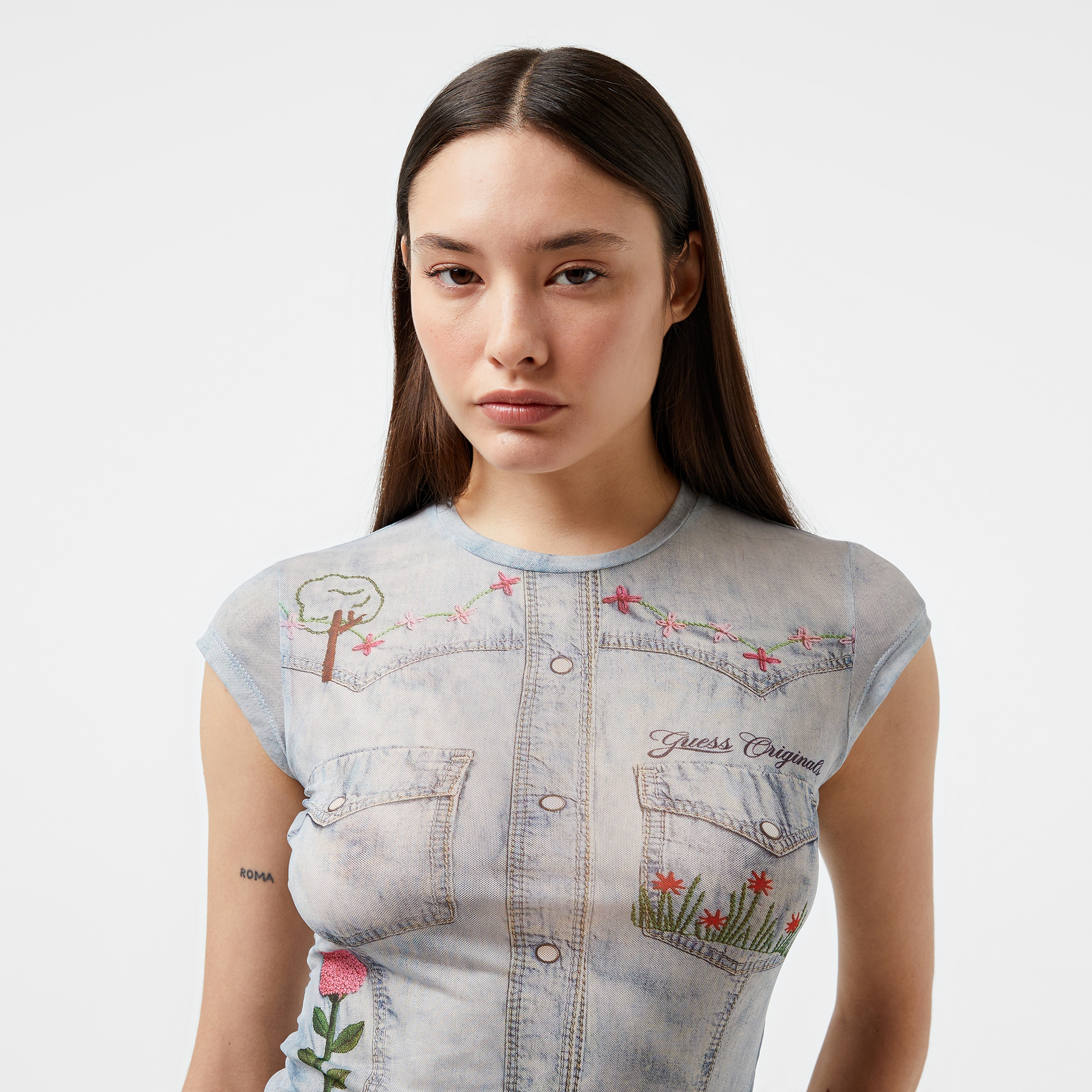 Guess Go Printed Denim Mes Slınky Mesh Kadın Multicolor Top