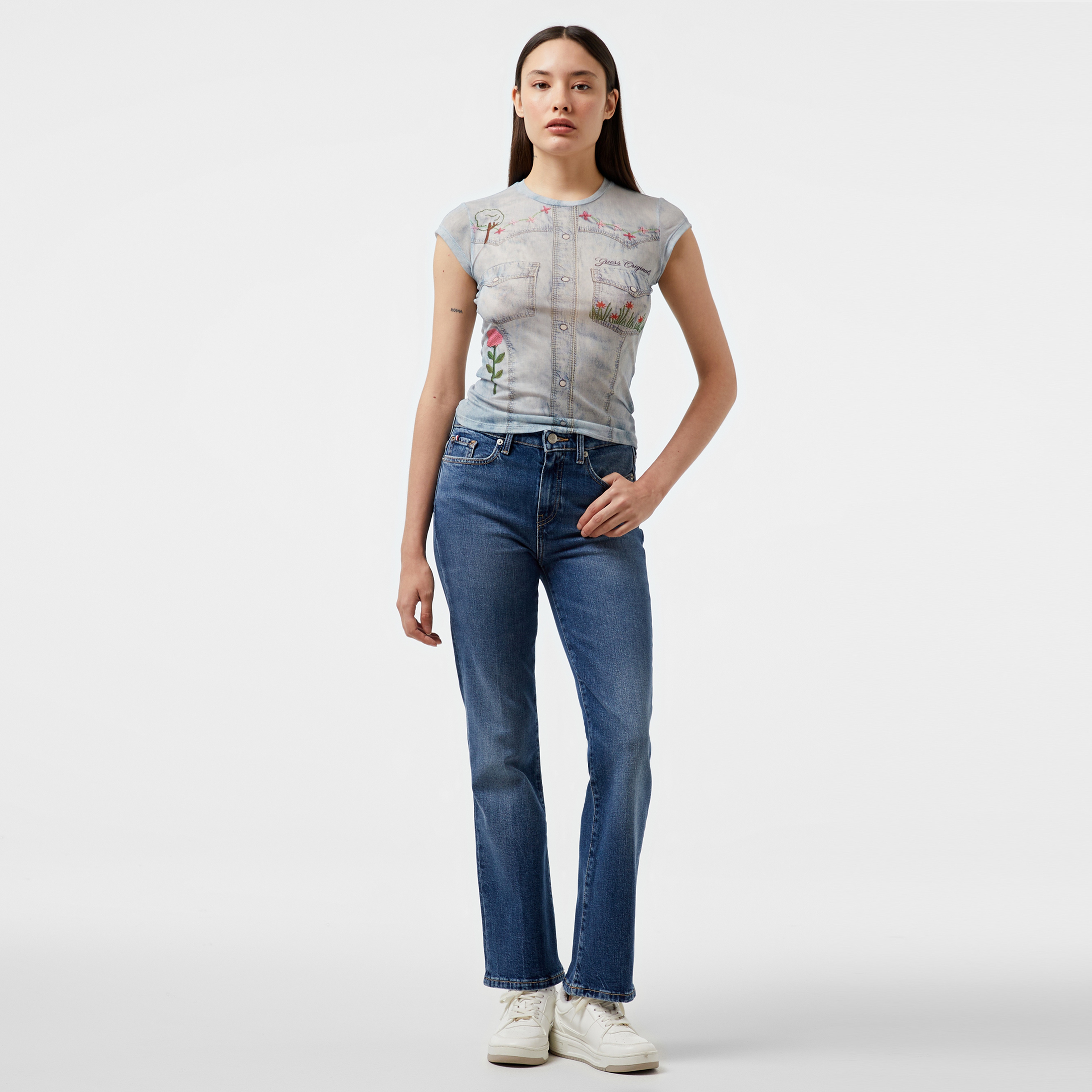 Guess Go Printed Denim Mes Slınky Mesh Kadın Multicolor Top