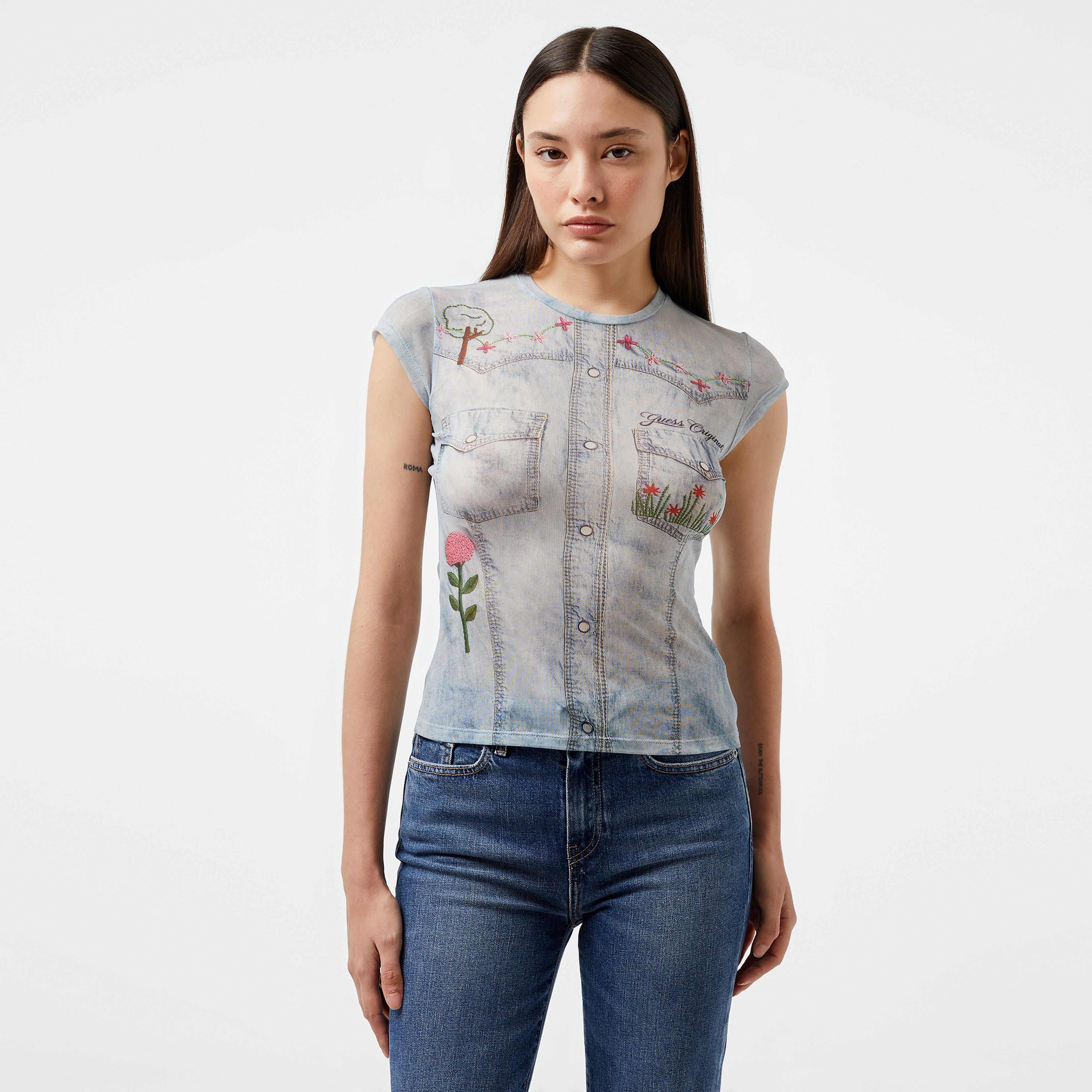 Guess Go Printed Denim Mes Slınky Mesh Kadın Multicolor Top