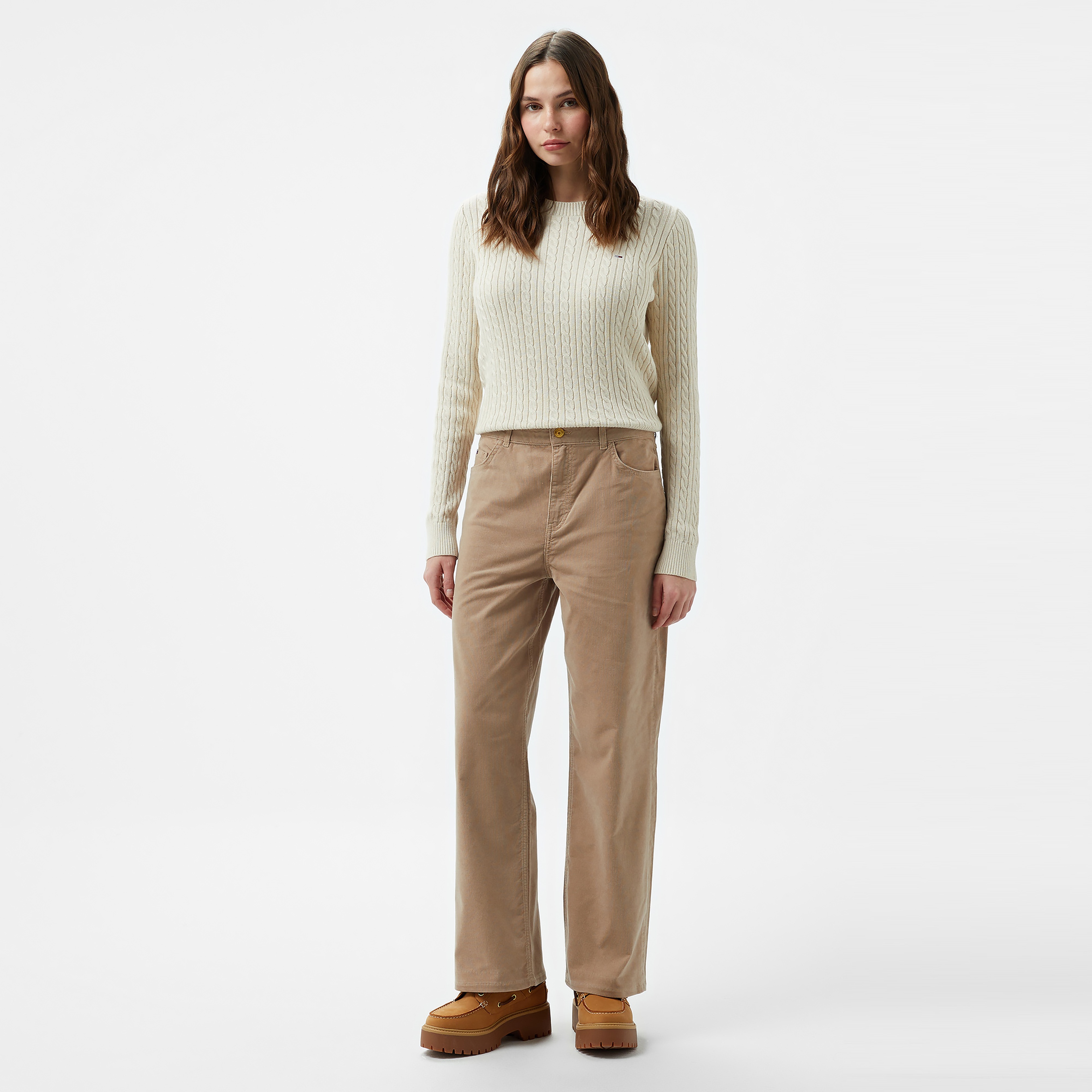 Tommy Hilfiger Corduroy Relaxed Straight Kadın Bej Pantolon