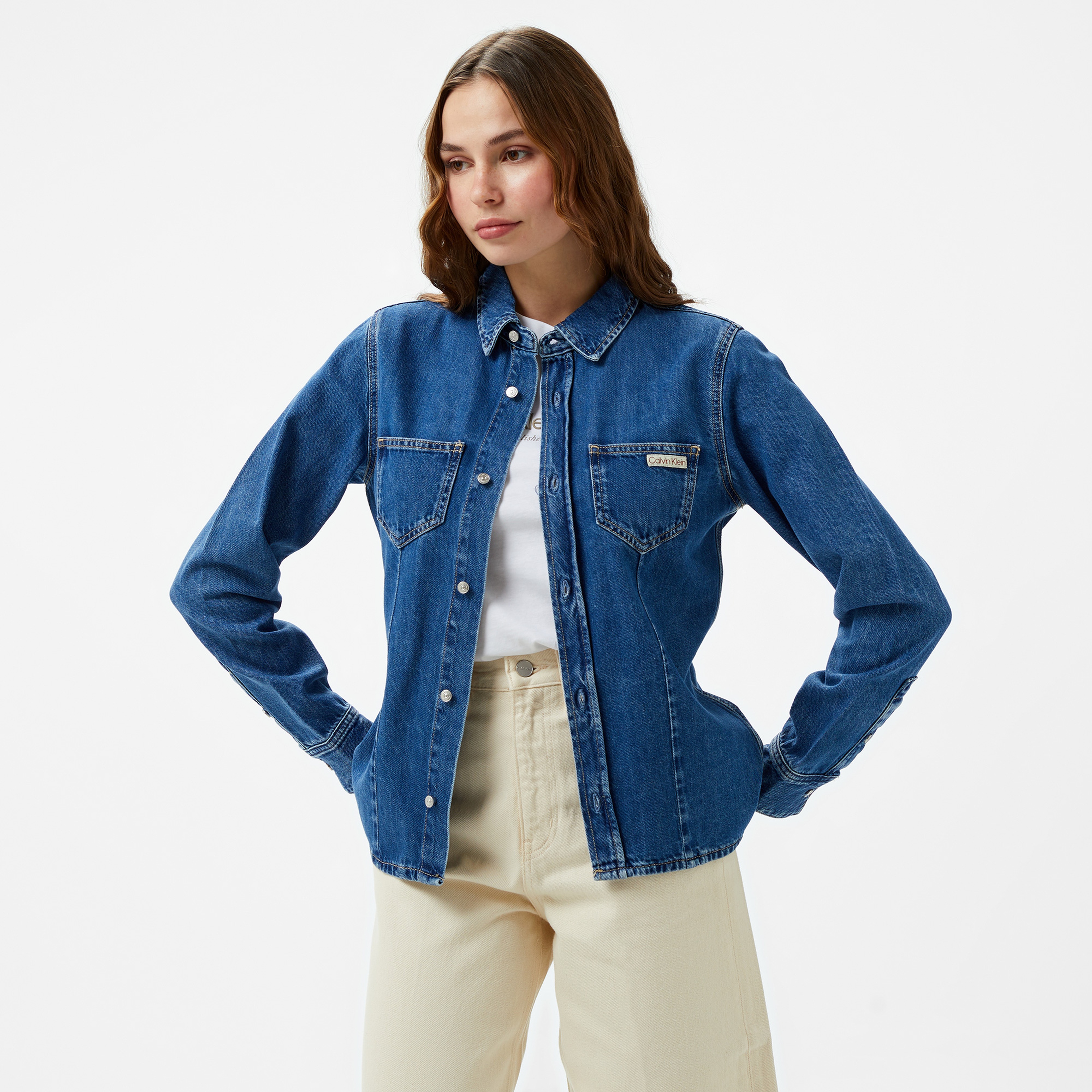 Calvin Klein Jeans Long Sleeve Lean Kadın Mavi Gömlek