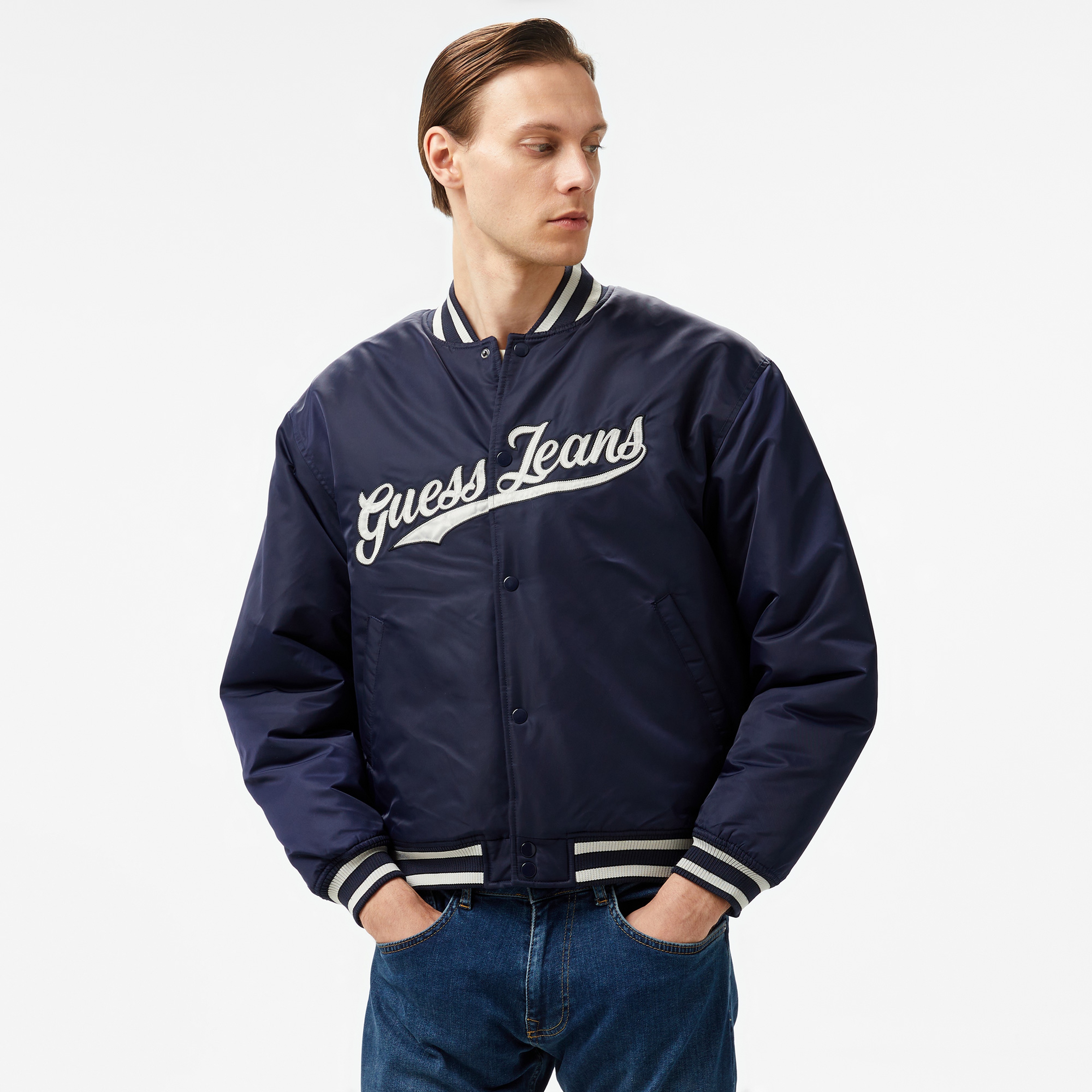 Guess Bomber With Patch Nylon Satin 165 Erkek Lacivert Ceket