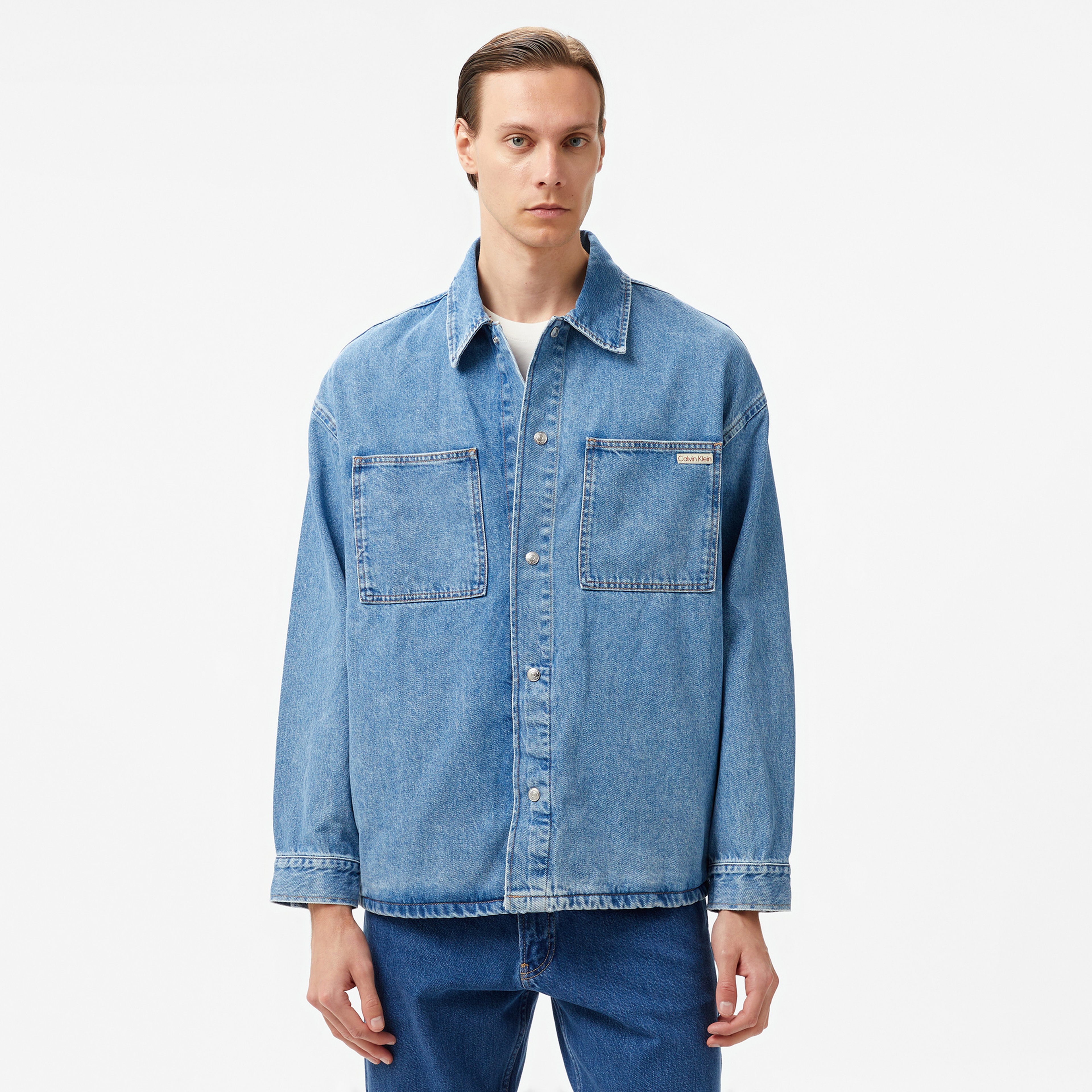 Calvin Klein Jeans Oversized Linear Erkek Mavi Gömlek