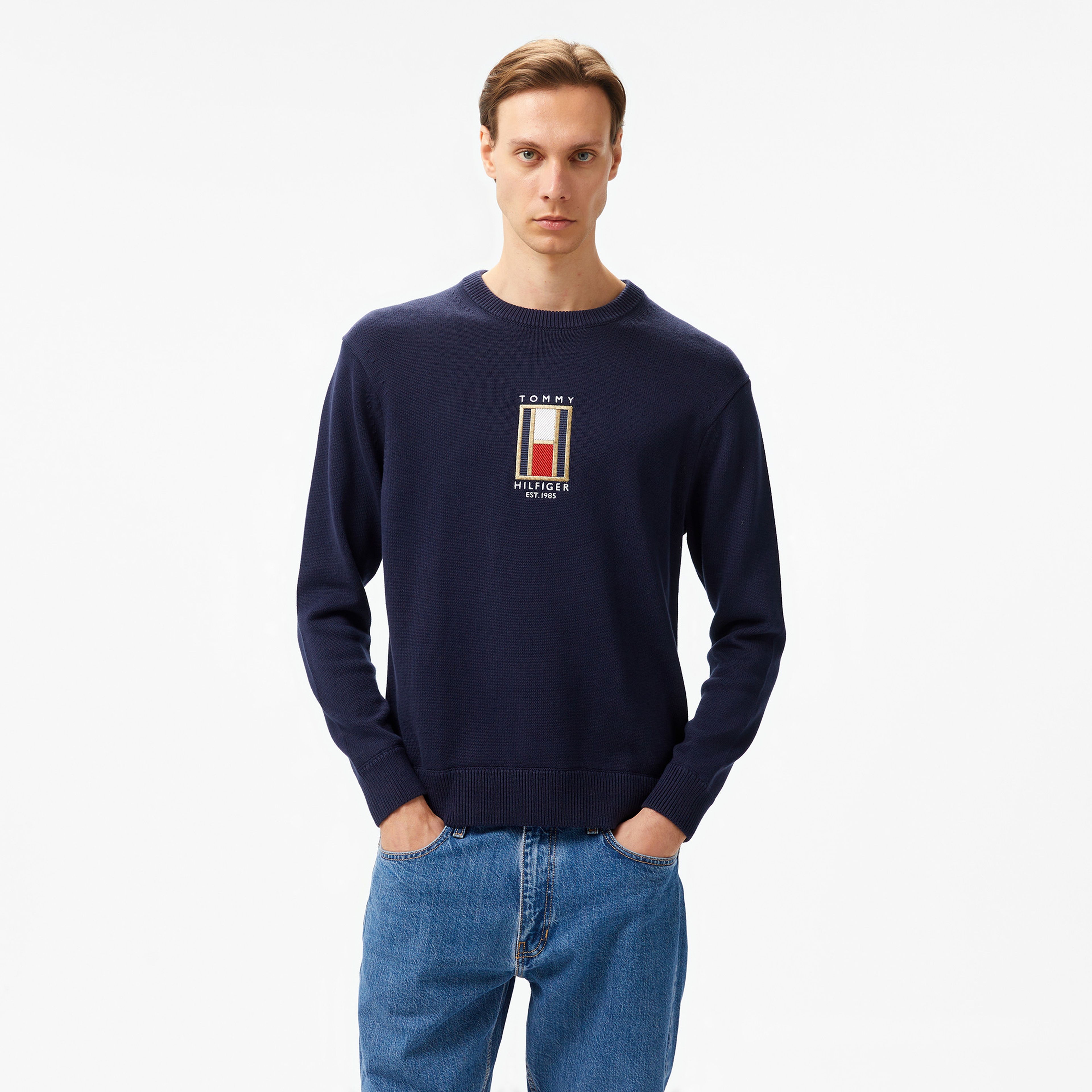 Tommy Hilfiger Graphic Crew Neck Erkek Mavi Kazak