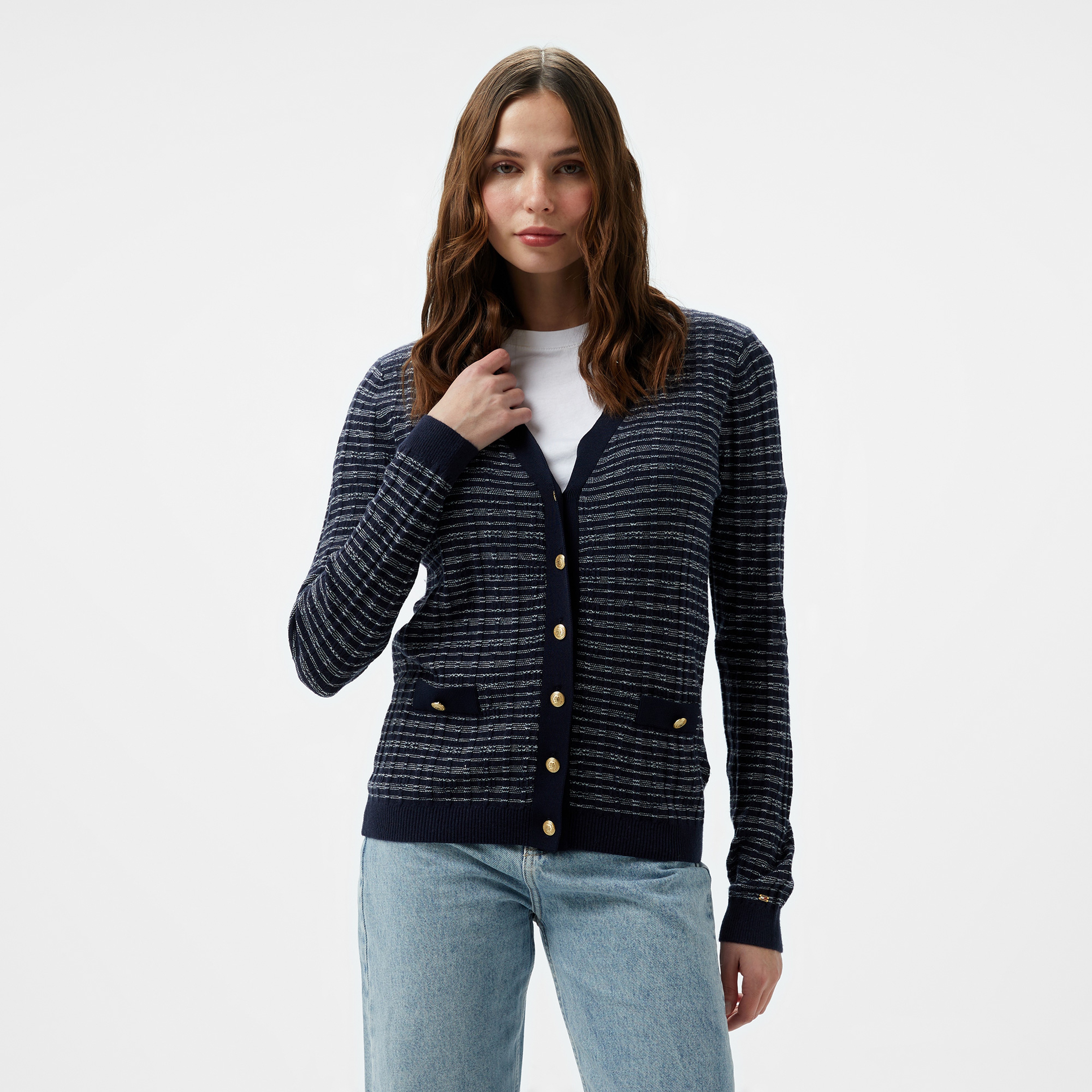 Tommy Hilfiger Textured V-Nk Kadın Beyaz Hırka