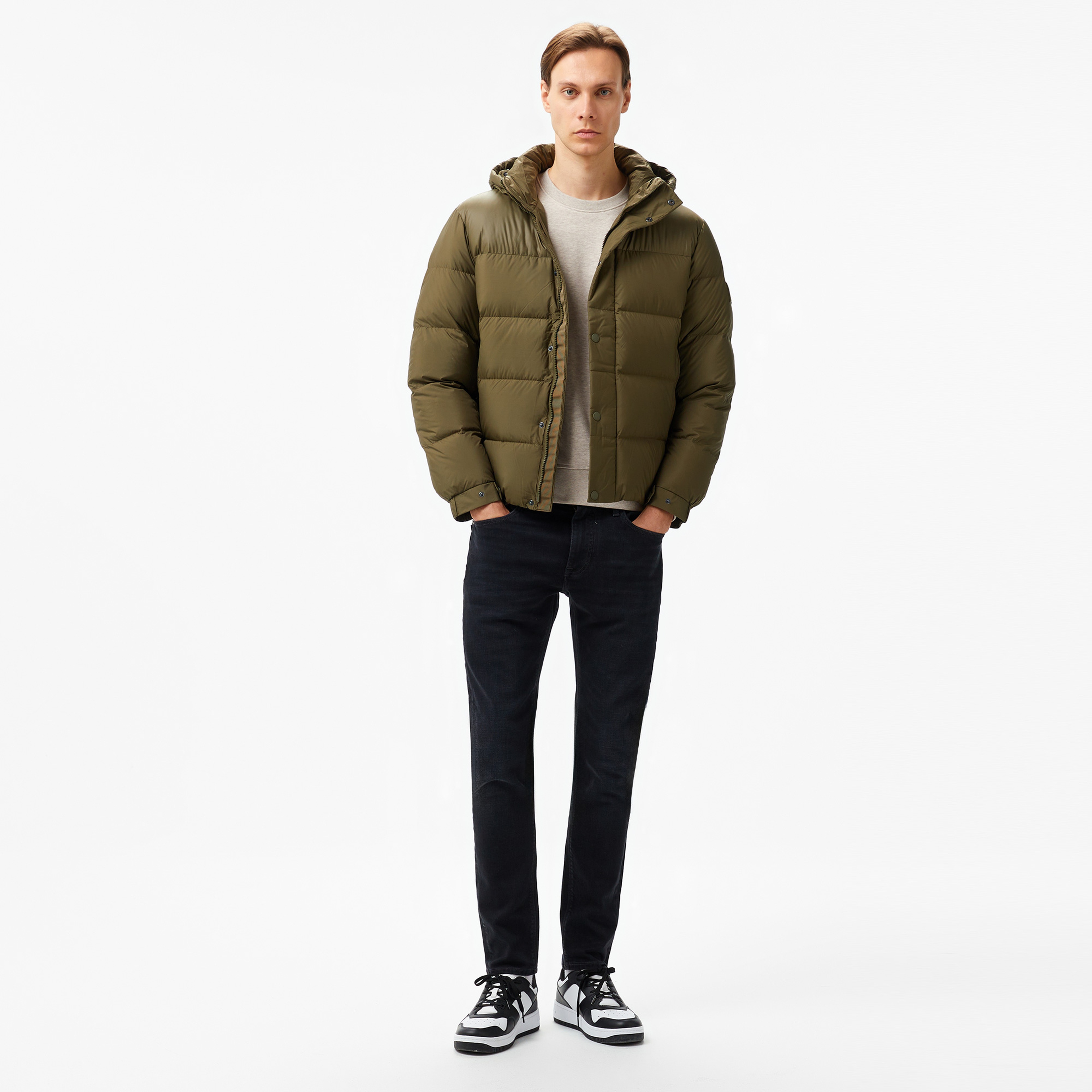 Tommy Hilfiger Mıx Down Hooded Puffer Erkek Haki Ceket
