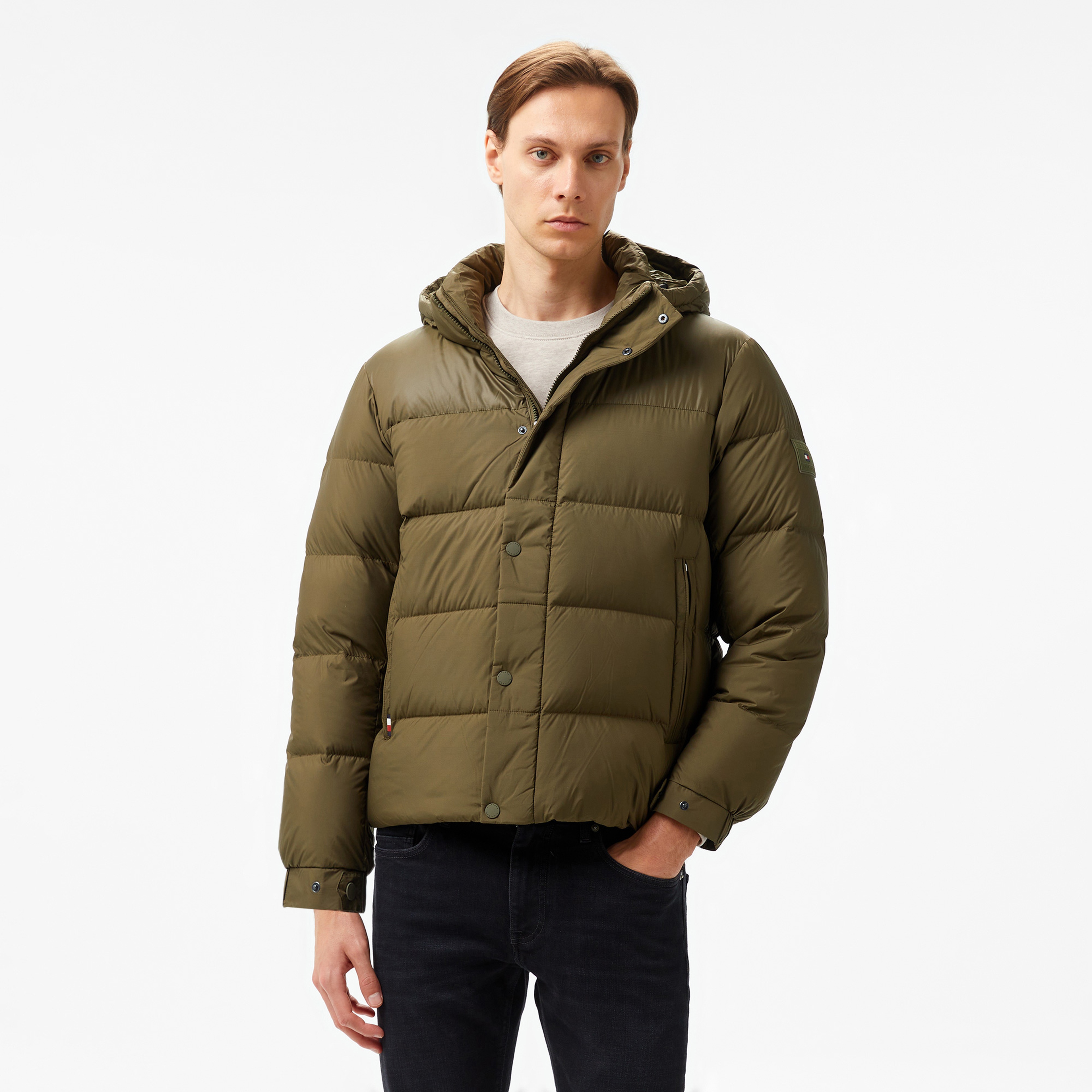 Tommy Hilfiger Mıx Down Hooded Puffer Erkek Haki Ceket