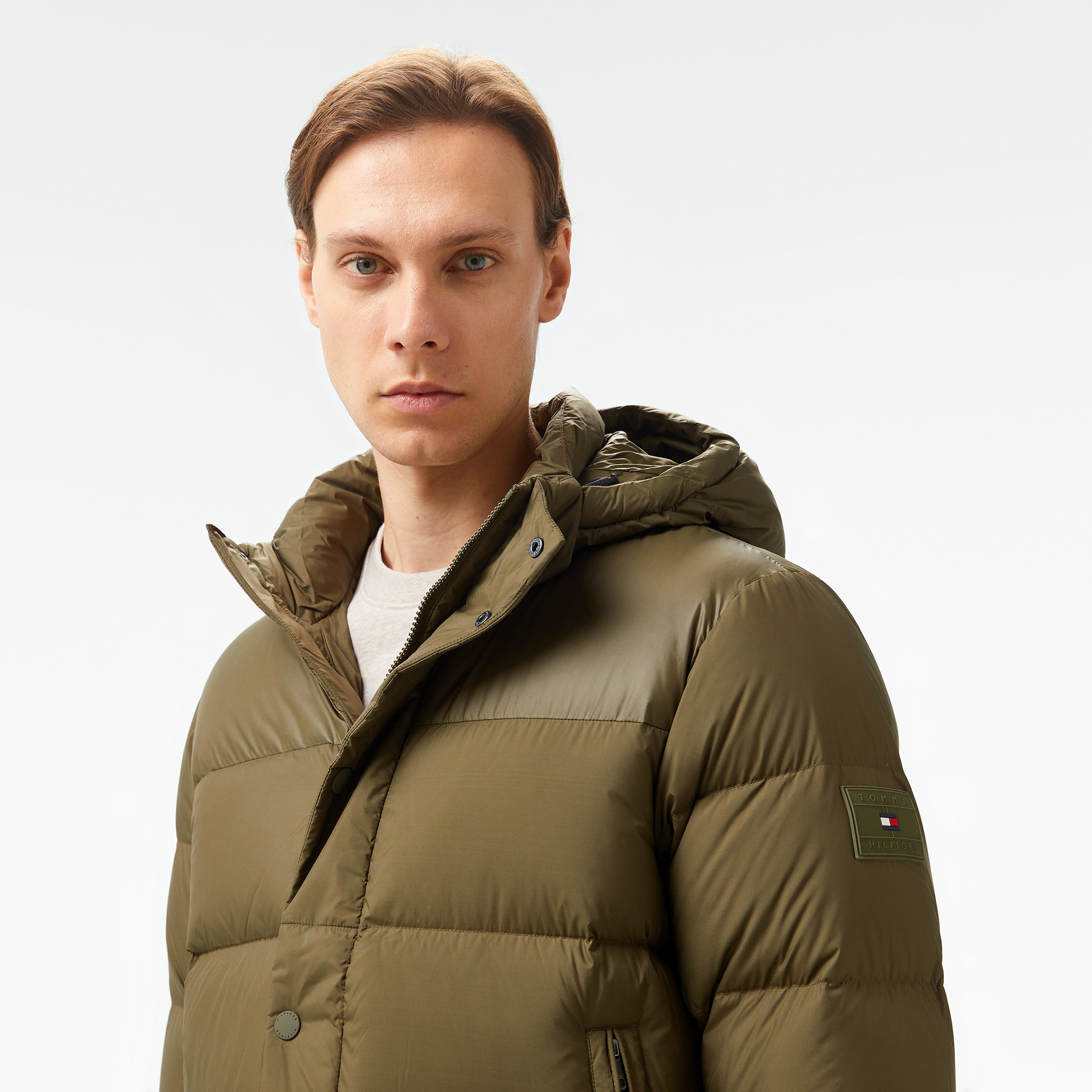 Tommy Hilfiger Mıx Down Hooded Puffer Erkek Haki Ceket