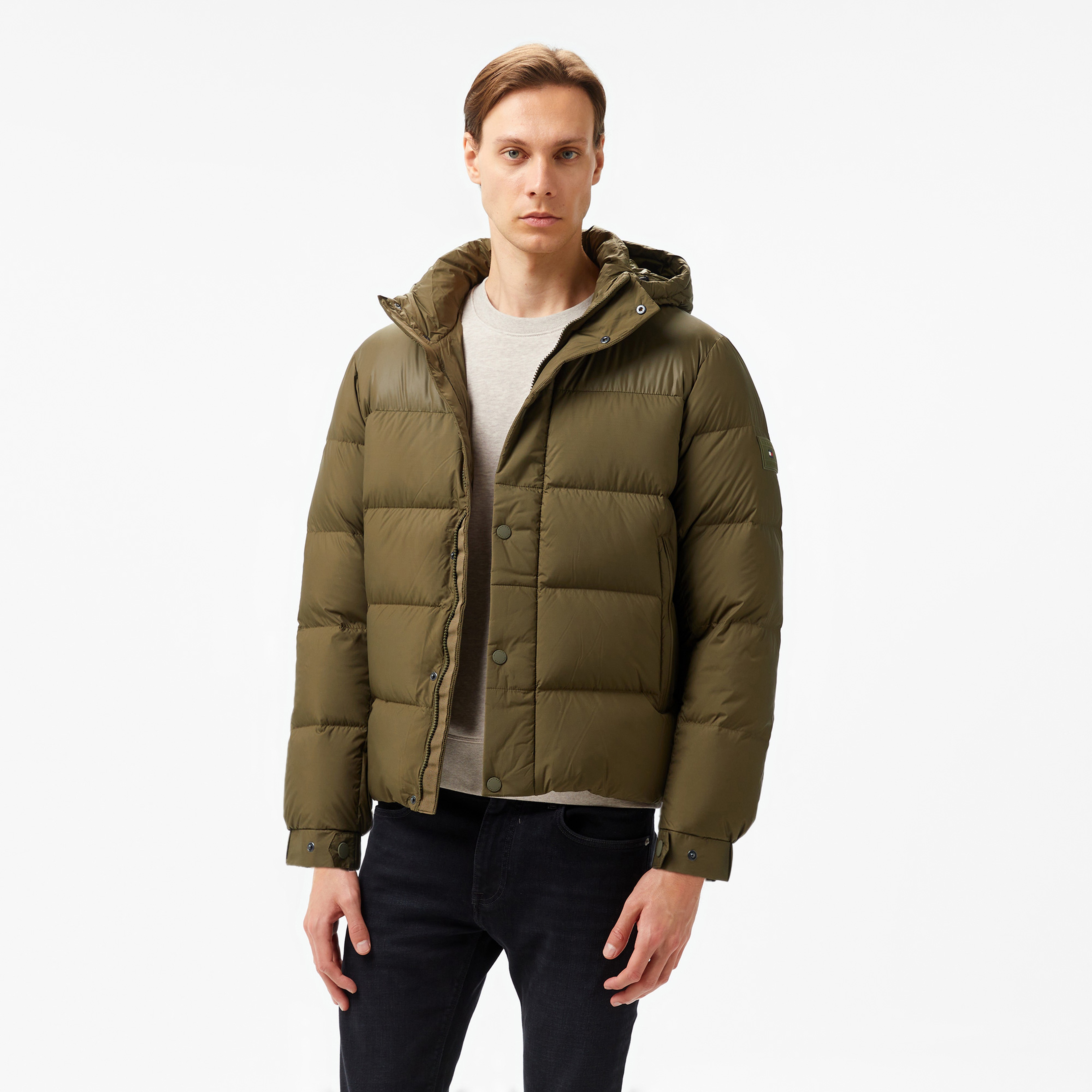 Tommy Hilfiger Mıx Down Hooded Puffer Erkek Haki Ceket