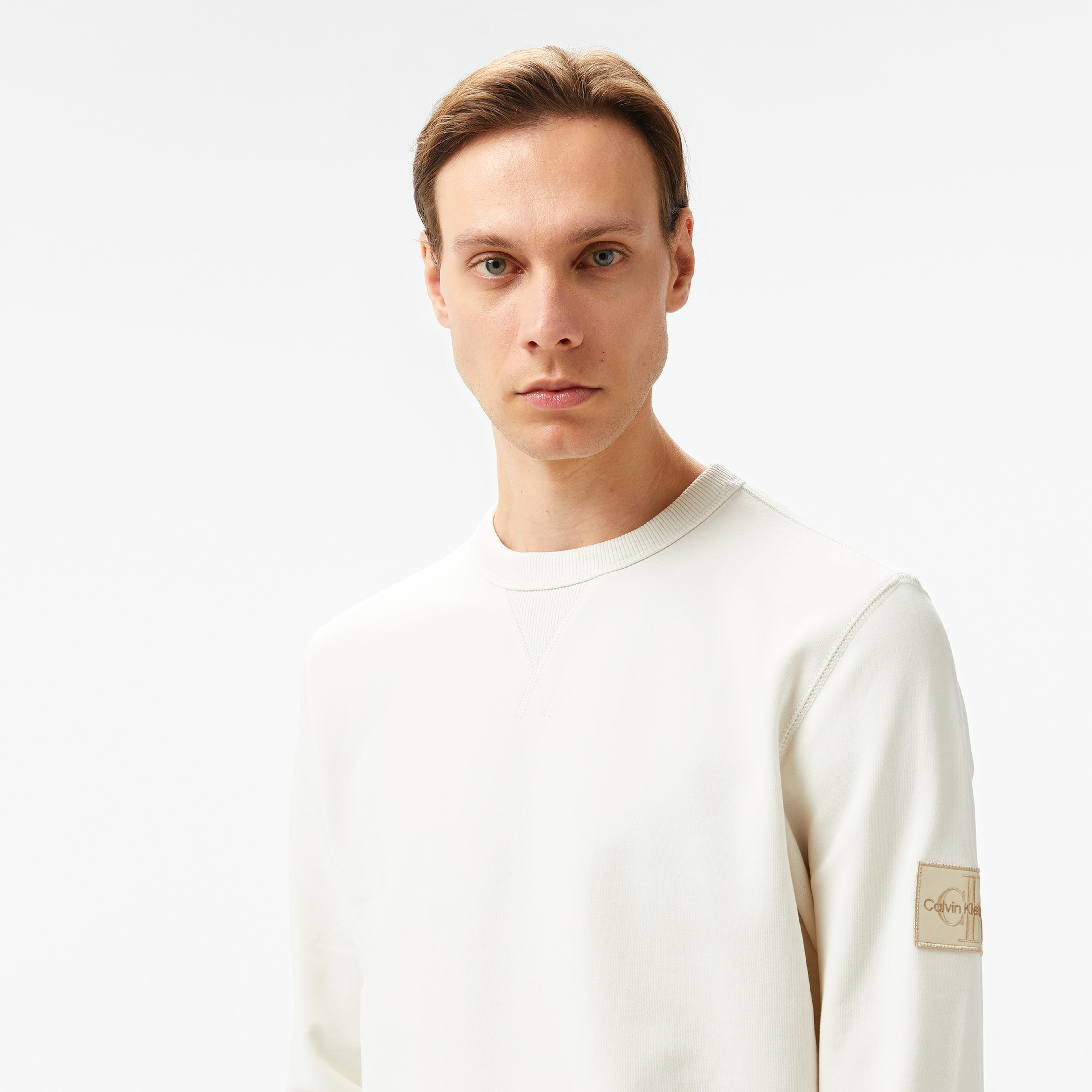 Calvin Klein Jeans Badge Crew Neck Erkek Beyaz Sweatshirt
