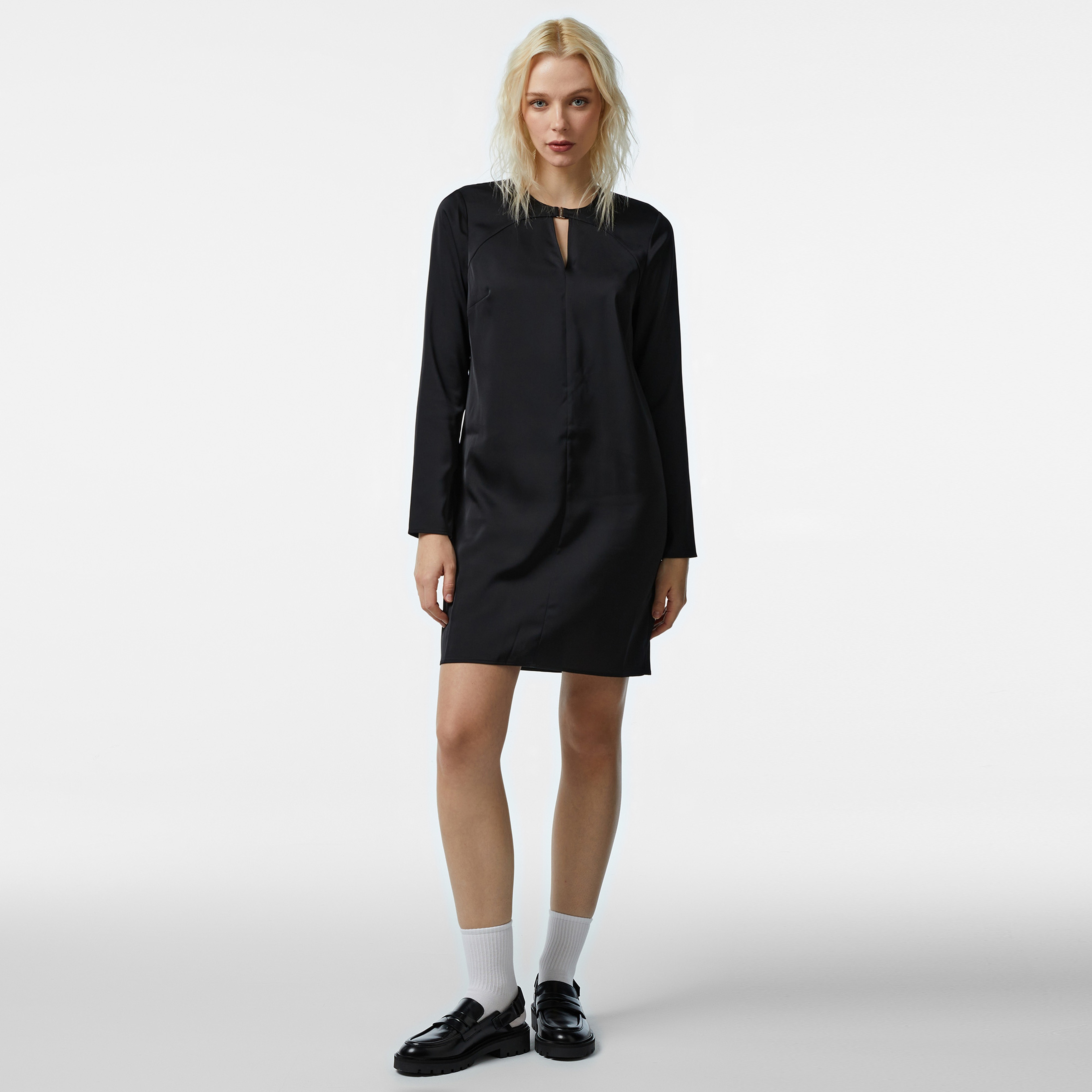 Calvin Klein Shiny Satin Metal Clasp Kadın Siyah Elbise